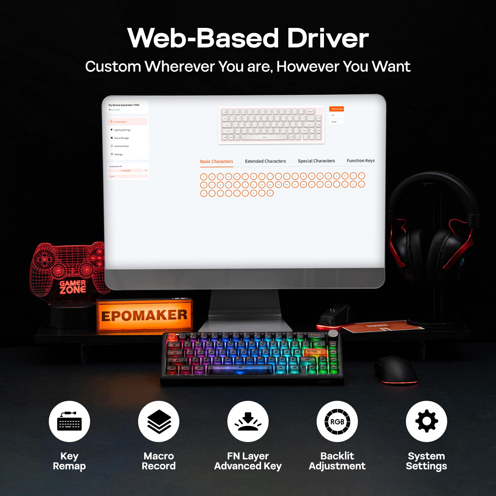 EPOMAKER TH65 Teclado Mecánico Inalámbrico con Perilla (Negro, Crystal) | Formato 65%, Batería de 8000mAh, Soporte Ajustable para la Comodidad, BT/2.4GHz/USB-C, Hot-Swappable, RGB, Gasket Suave