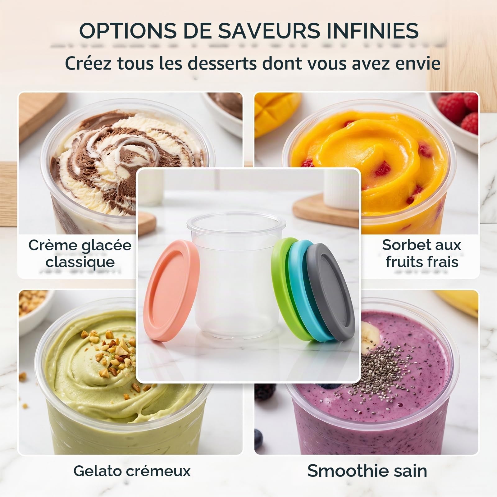 Conteneurs pour Ninja Creami, Lot de 4 Tasses de Remplacement & Ensemble de Conteneurs Deluxe, Tasses de 500ml avec Couvercles Colorés, sans BPA et Lavables au Lave-Vaisselle, Compatible