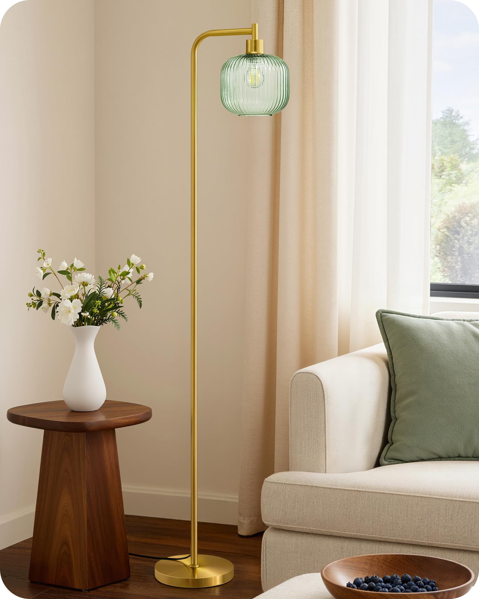 EDISHINE Lampadaire sur Pied Salon, Lampe Arquée avec Abat-Jour en Verre Bonbon Vert Menthe et Structure Métallique Dorée, Lampe de Lecture Moderne avec Ampoule LED E27 2700K, pour Chambre, Bureau