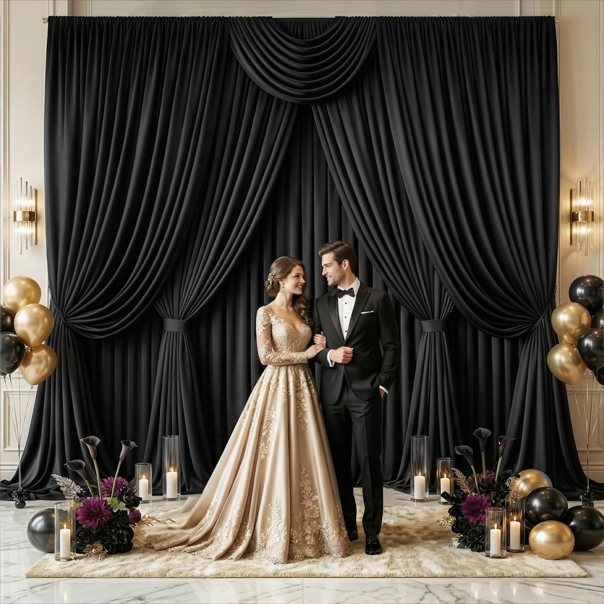 Photo 1 of 10x10 FT Black Wedding Backdrop Curtain, Fabric Backdrop, Thick Polyester Drapes, Wrinkle Free Photography Background for Party, Event, 2 Panels 5x10 FT