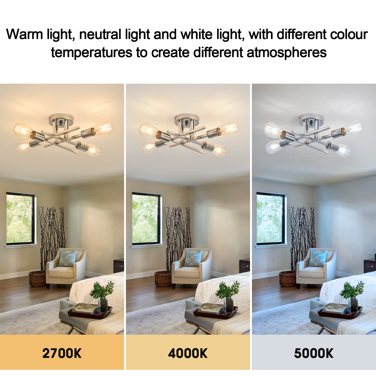 OQIZUEY Industrial Semi Flush Mount 4 Light Ceiling Light Fixture Sputnik Modern Chandelier Chrome E26 Ceiling Lamp for Farmhouse Dining Room Kitchen Bedroom Hallway Entryway