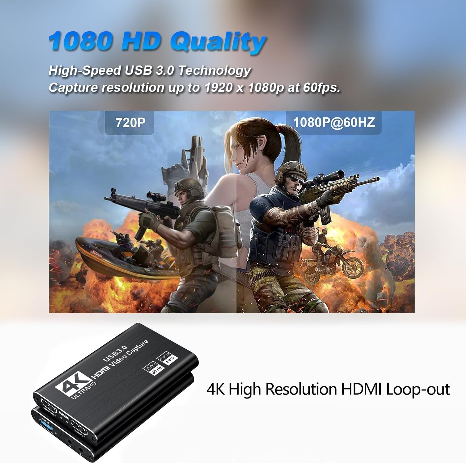 Carte de Capture vidéo HDMI 4K, USB 3.0 1080P 60FPS Enregistreur vidéo Nintendo Switch Capture Card pour Streaming Gaming et Broadcasting, Fonctionne avec Xbox Series X/S, Xbox One X/S, PS4, (Noir)