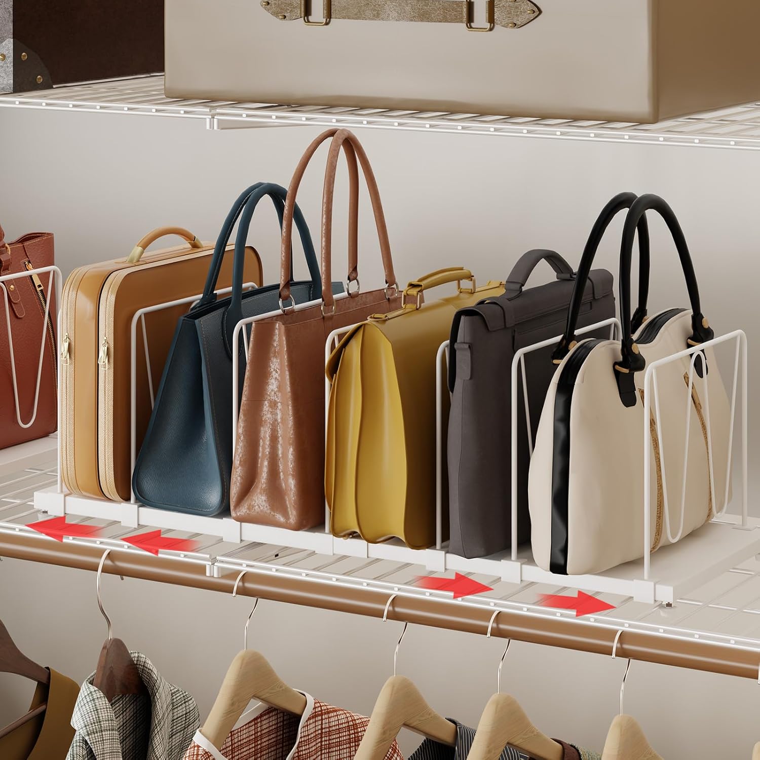 extendable purse organizers purse storage. length 16-28 in. bag organizer purse holder for closet with 8 adjustable shelf dividers patent pending alpine white