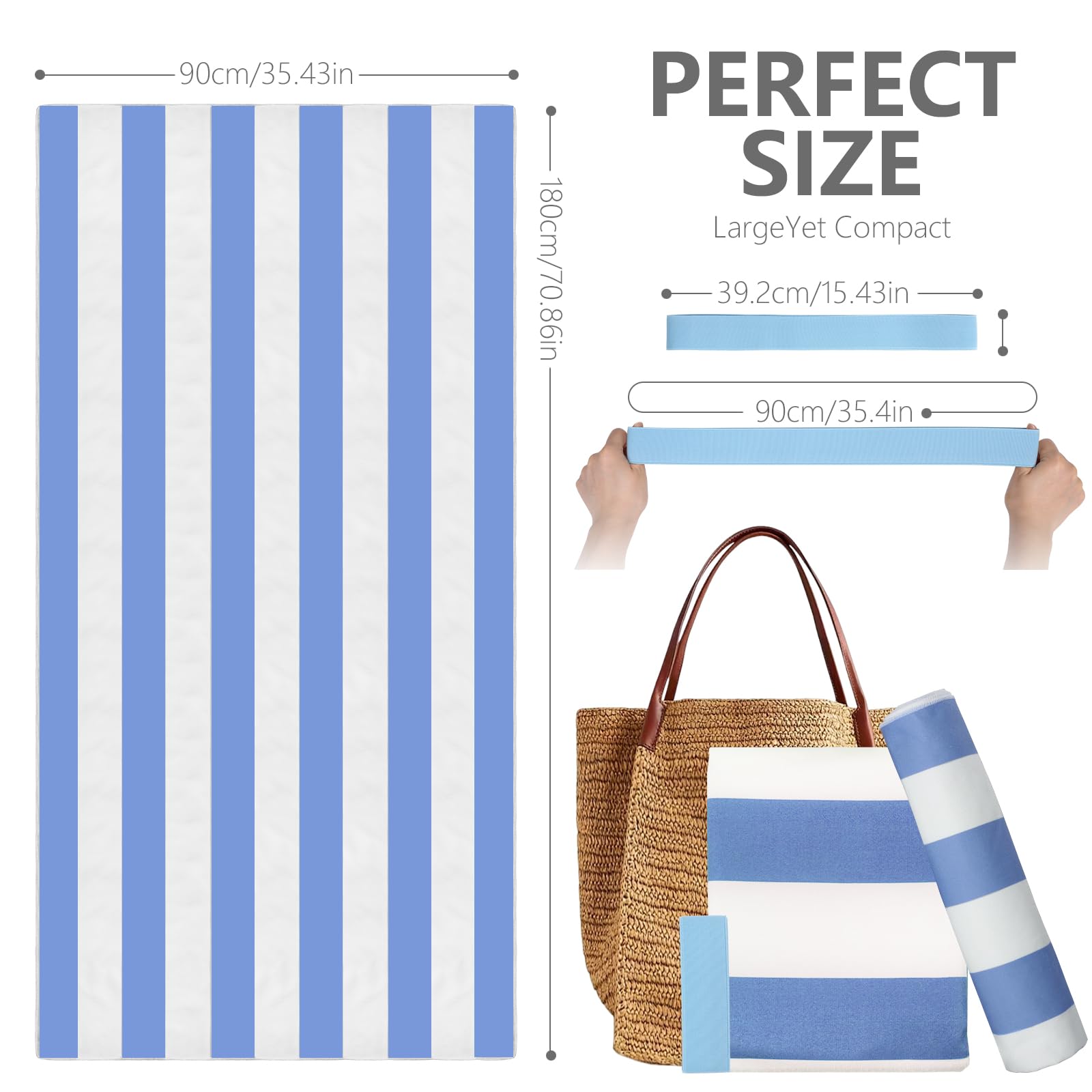 WD&CD Ręcznik plażowy w paski 89 cm x 180 cm, ponadgabarytowy ręcznik Cabana odporny na piasek, duży ręcznik plażowy dla dorosłych z paskami do leżaków, krzesła rejsowe, super chłonny, miękki