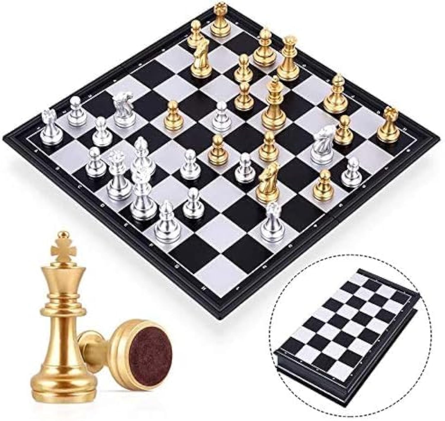 VITION Travel Chess Board Set Games - Magnetic Chess Piece with Portable/Foldable Board- Educational Toys For Kid/Children/Adults (25x25x2cm, Gold/Silver)