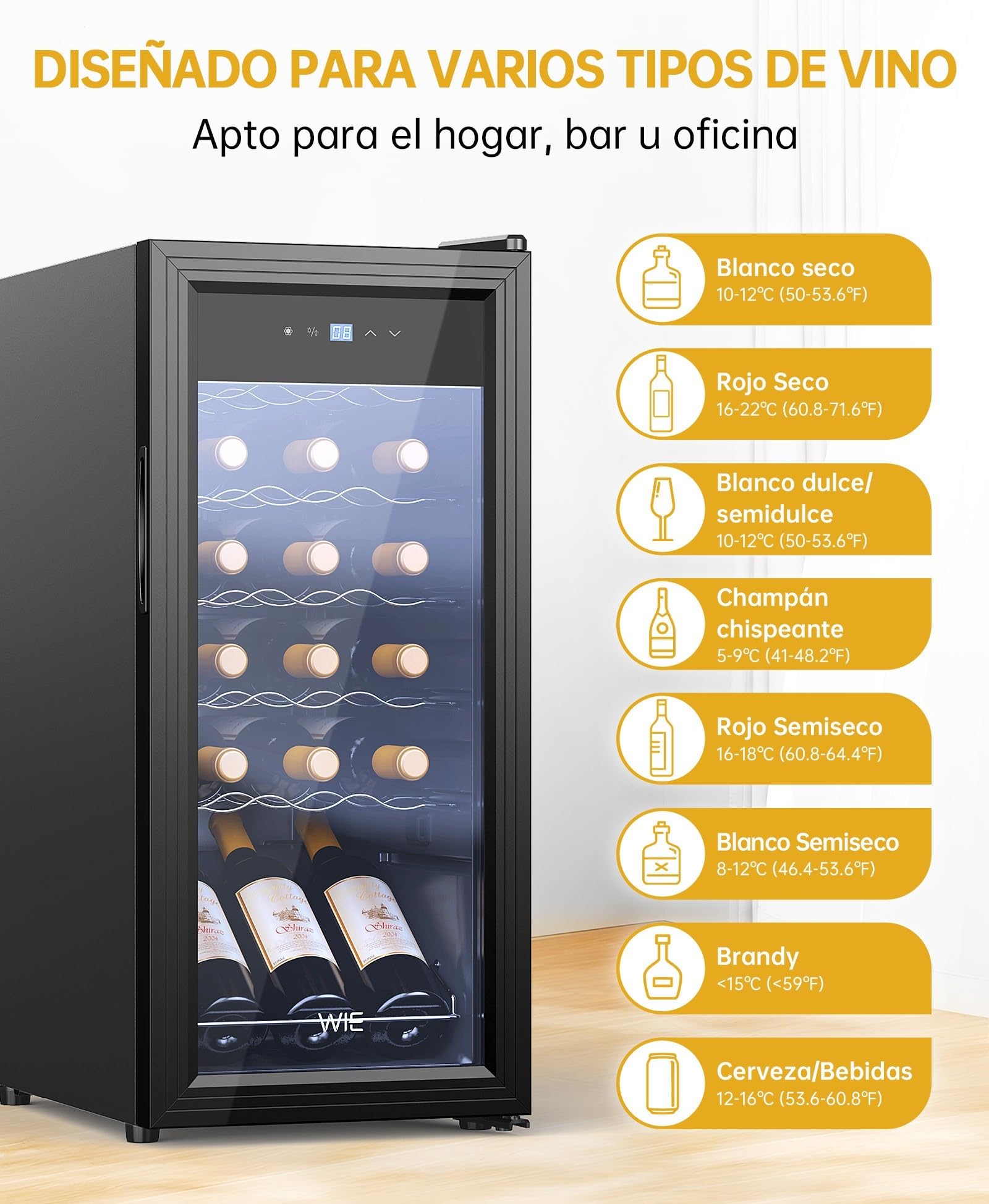 WIE Vinoteca, 18 Botellas Nevera Vinos, 53L Vinoteca Pequeña, Protección UV, Control Táctil, Iluminación LED, 5-18°C, para Vino Tinto, Vino Blanco, Cerveza, Bar Interior/Cocina/Hotel