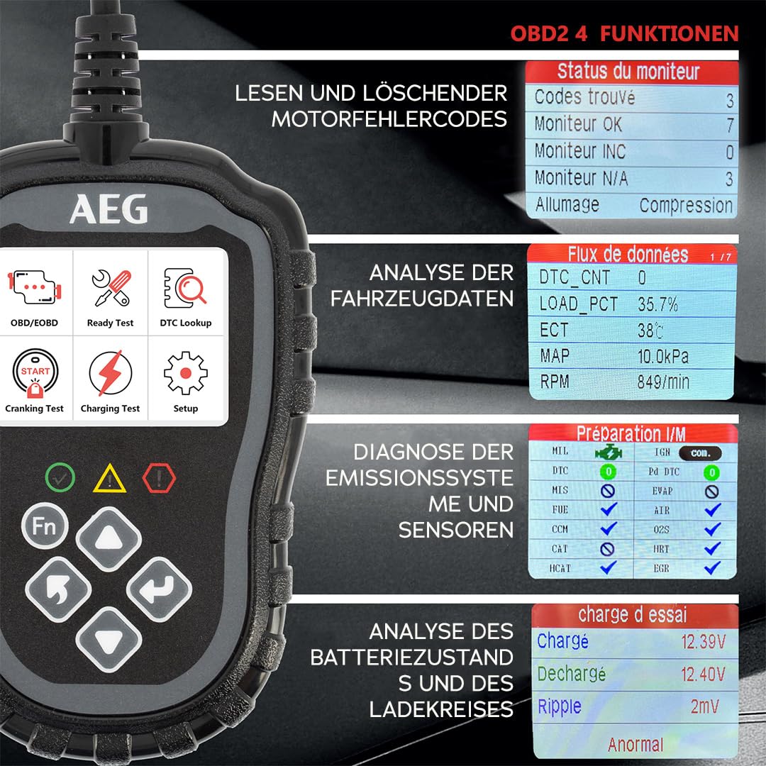 AEG 005073 OBD2 Diagnosegerät Evol 2, 3 Funktionen: Lesen, Details, Löschen von Fehlercodes, Analyse von Fahrzeugdaten, Batterietest und Ladestromkreis