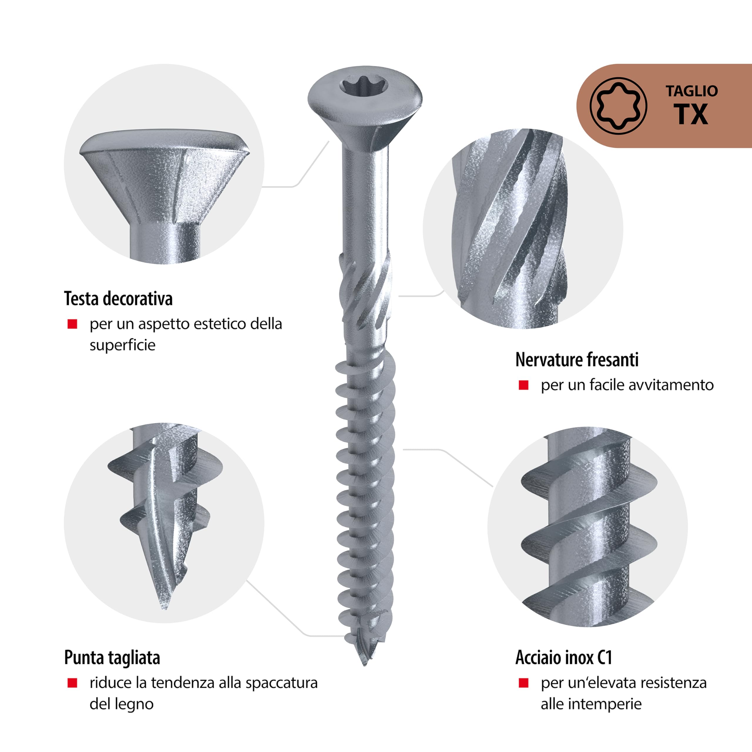 TOX viti per decking TOX TERAS 5,0 x 70 mm, viti con testa decorativa, resistenti agli agenti atmosferici grazie all'acciaio inox C1, TX25, 200 pezzi in scatola, incl. 1x bit, 113165415070