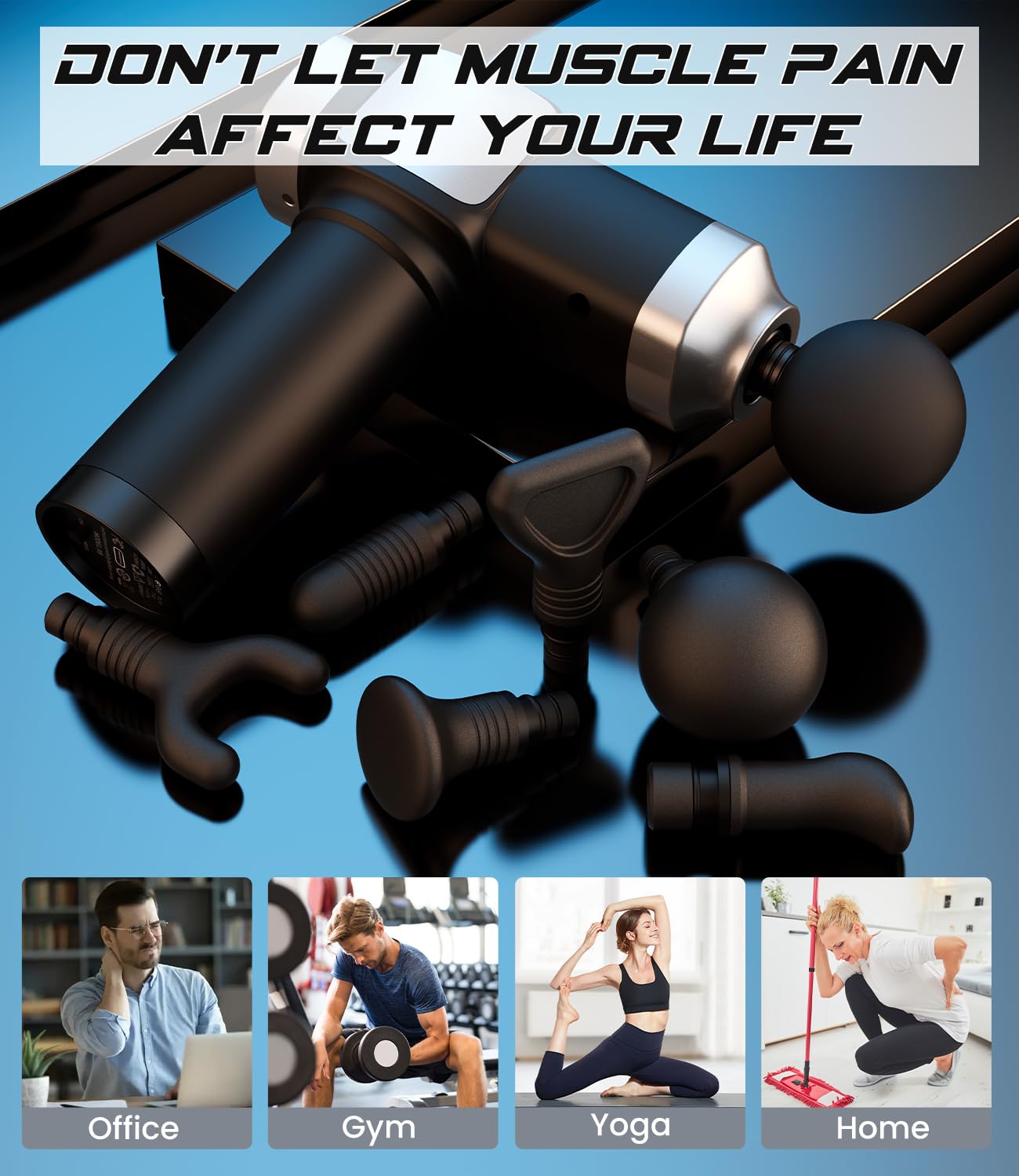 Pistolet de massage des tissus profonds, masseur musculaire électrique à percussion portable pour soulager la douleur, masseur portable avec 30 vitesses et 6 accessoires pour le dos et le cou