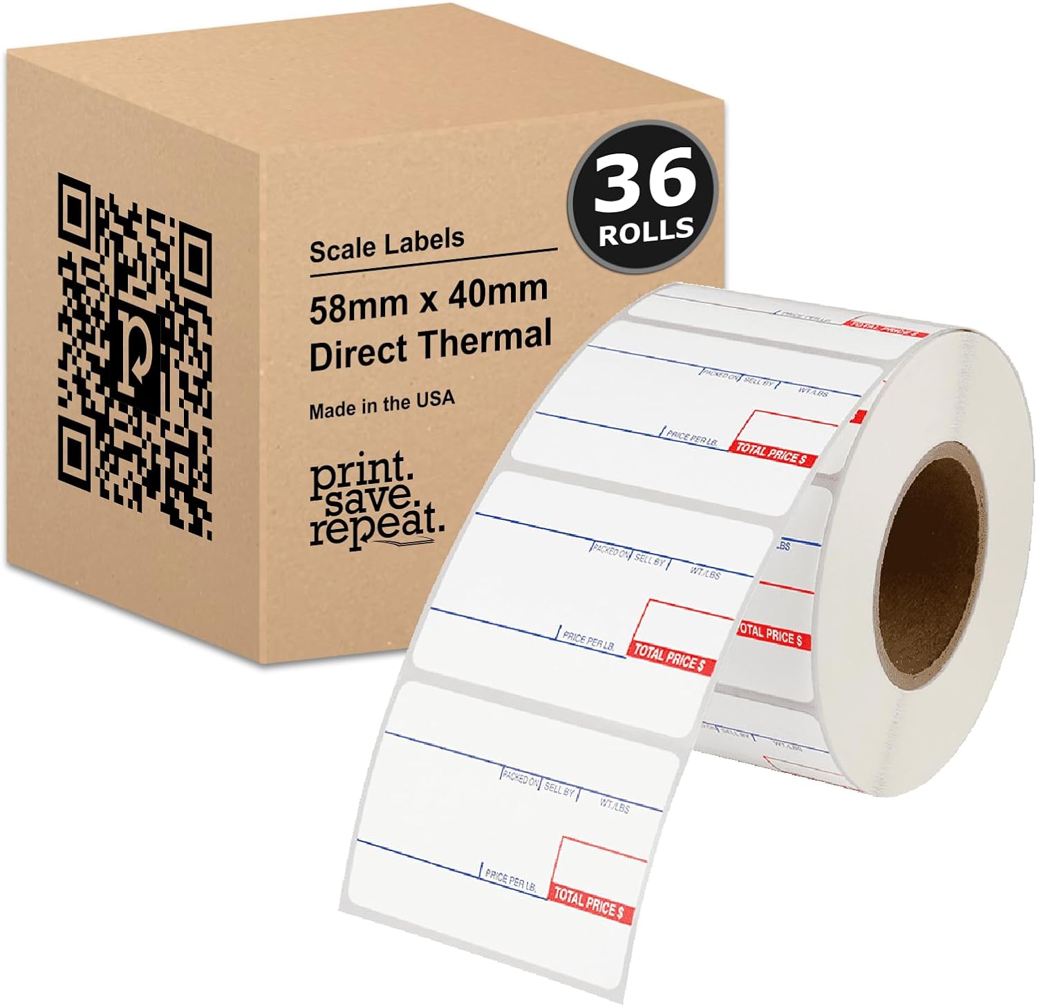 58mm x 60mm Labels for CAS Scales (8020) | 40mm Core | 36 Rolls of 500 | 18,000 Labels