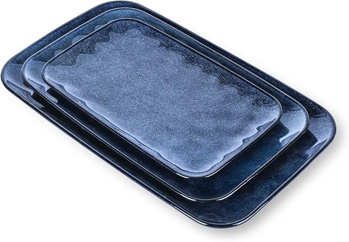 vicrays Ceramic Rectangle Serving Platters - 14" 12" 10" Porcelain Serving Trays Plates for Party BBQ Appetizers Sushi Dessert - Microwave Oven and Dishwasher Safe - Set of 3 Blue