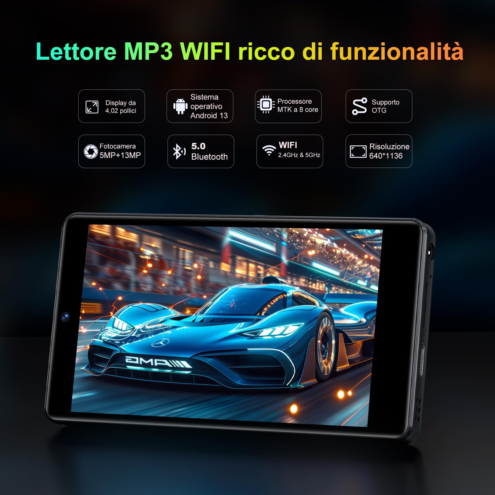 96GB Lettore MP3 con Bluetooth WiFi, lettore MP4 da 4,02 pollici con fotocamera e altoparlante, lettori musicali MP3 con sistema operativo Android 13, Spotify Kids, Play Store