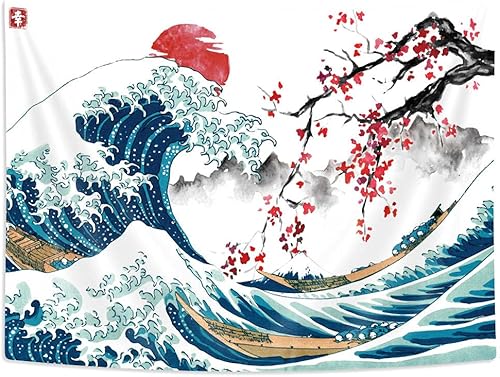 Miniatura 6 de MERCHR Tapiz japonés grande para pared, olas del océano, animé asiático, decoración de flores de cerezo rojo para dormitorio, 80 x 60 pulgadas
