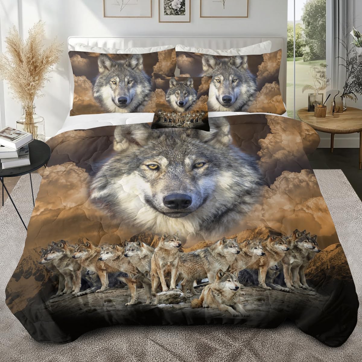 Sleepwish Gold Wolves Comforter Set Twin Size Bed Set 4 Piece Dark Clouds Wolf Leader Bedding Set with Comforter, Pillow Shams, Cushion Cover (King)