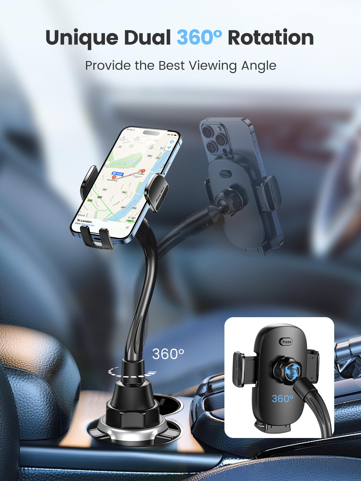Zewwen Soporte para teléfono de coche, doble rotación de 360°, cuello de cisne, soporte de teléfono para coche, soporte flexible para teléfono celular compatible con iPhone 16 Pro Max/15/14/13/12/11