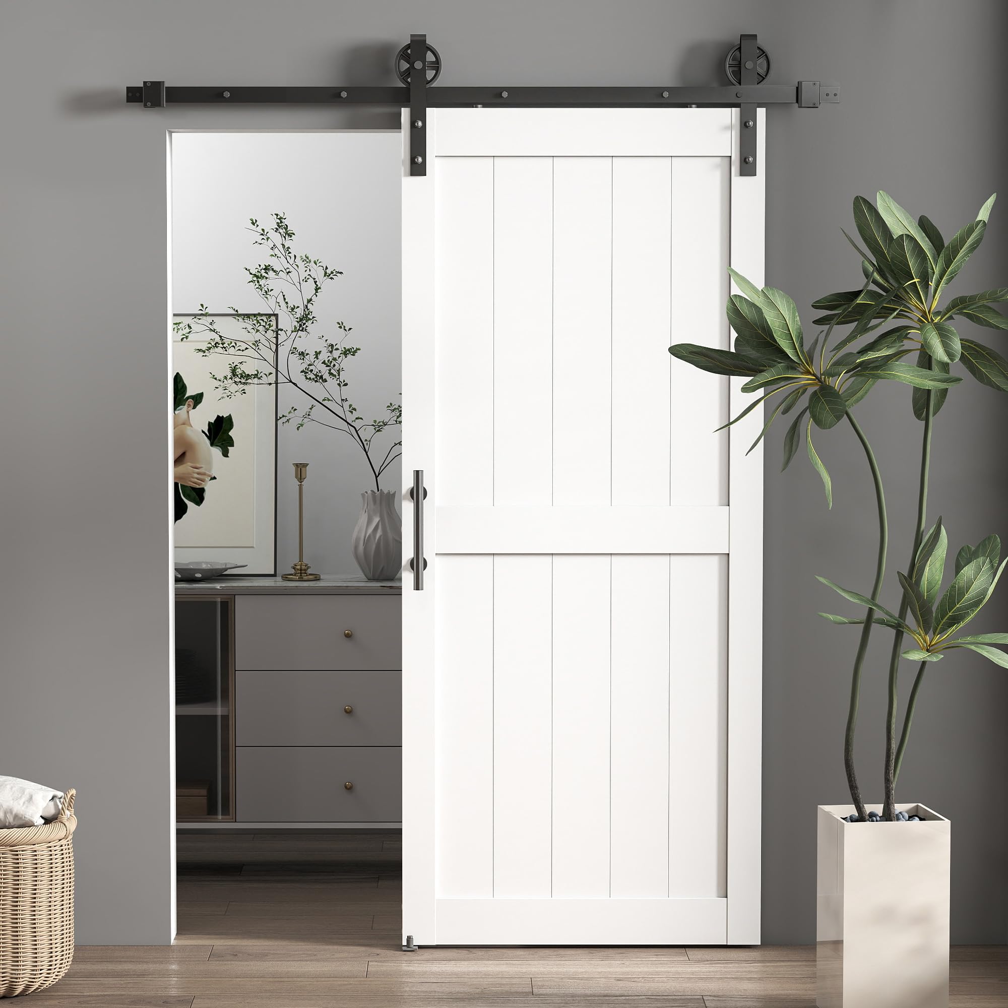 HOMCOM Porta Scorrevole Esterna Muro 91.5x213.4cm, Binario Acciaio, Maniglia Migliorato, Ruote, Porta da Interno in Stile Industriale, in MDF e Legno Pino, Impermeabile, per Cucina, Bagno, Soggiorno