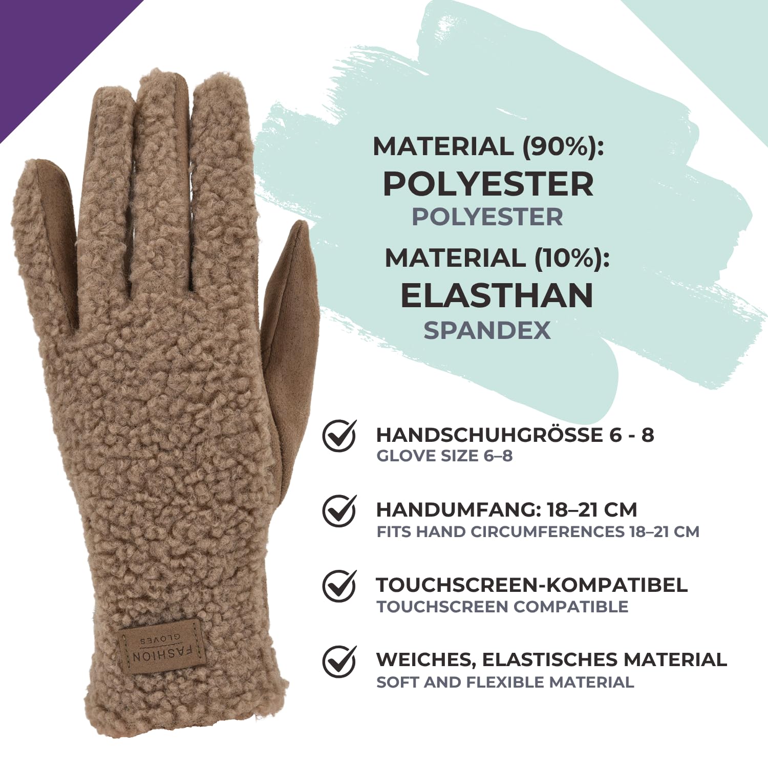 styleBREAKER Damen Touchscreen Handschuhe mit Teddyplüsch | Weiche warme Winter Fingerhandschuhe | Kuscheliger Smartphone Handschuh in vielen Farben