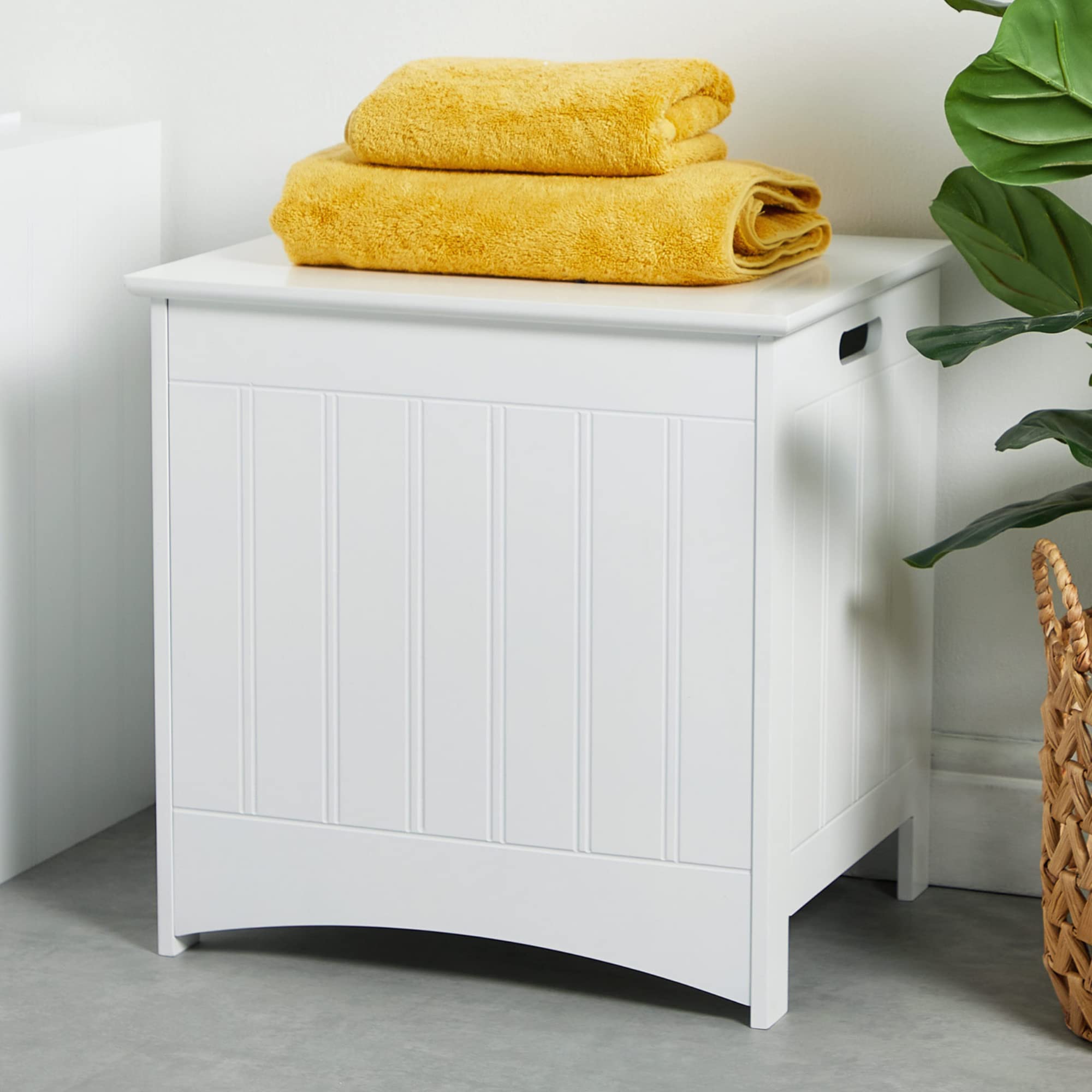 VonHaus Wooden Laundry Bin White Washing Hamper w/ Hinged Lid Large