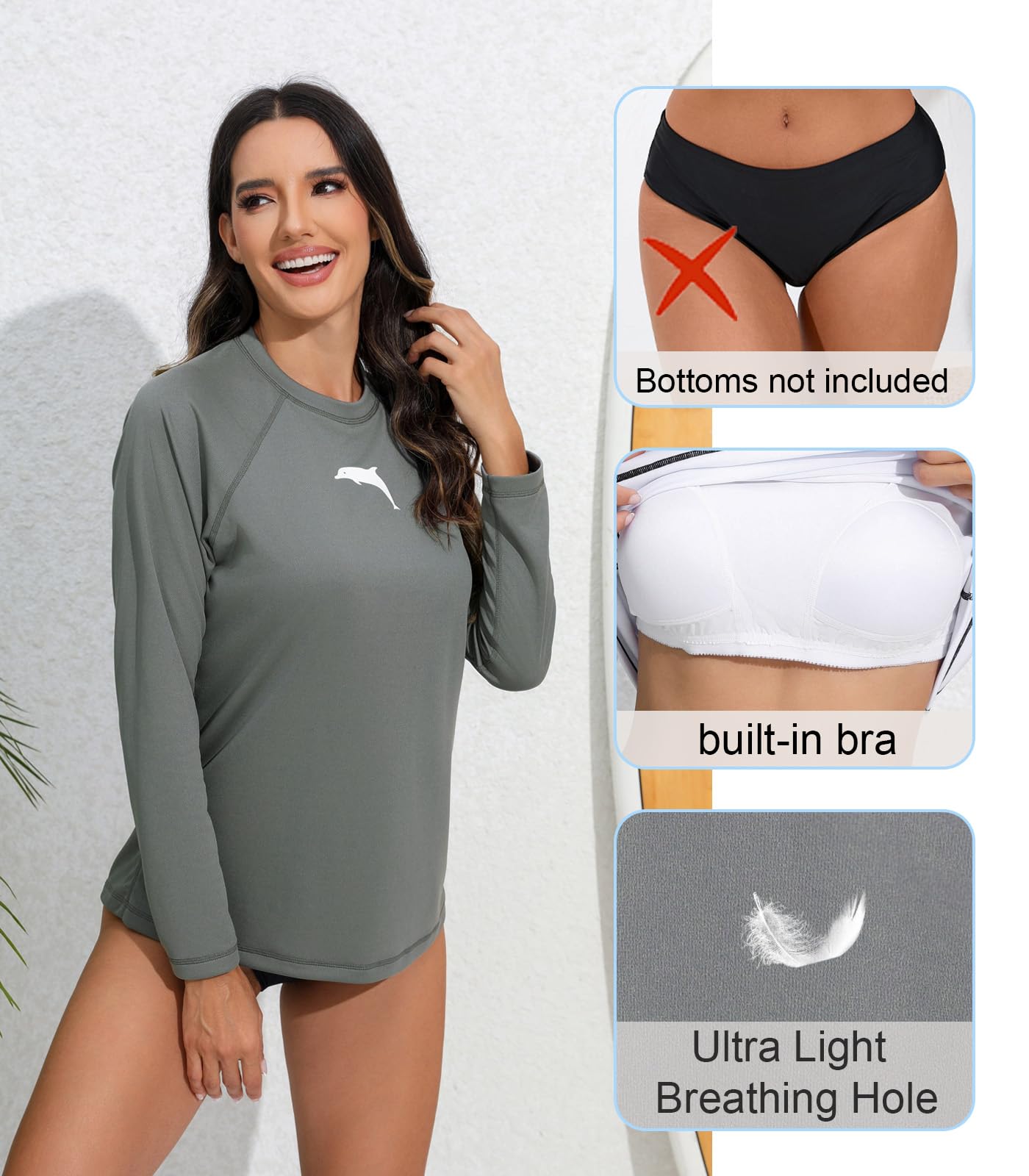 Halcurt Maglia da nuoto da donna a maniche lunghe con reggiseno integrato, leggera, ad asciugatura rapida, UPF50