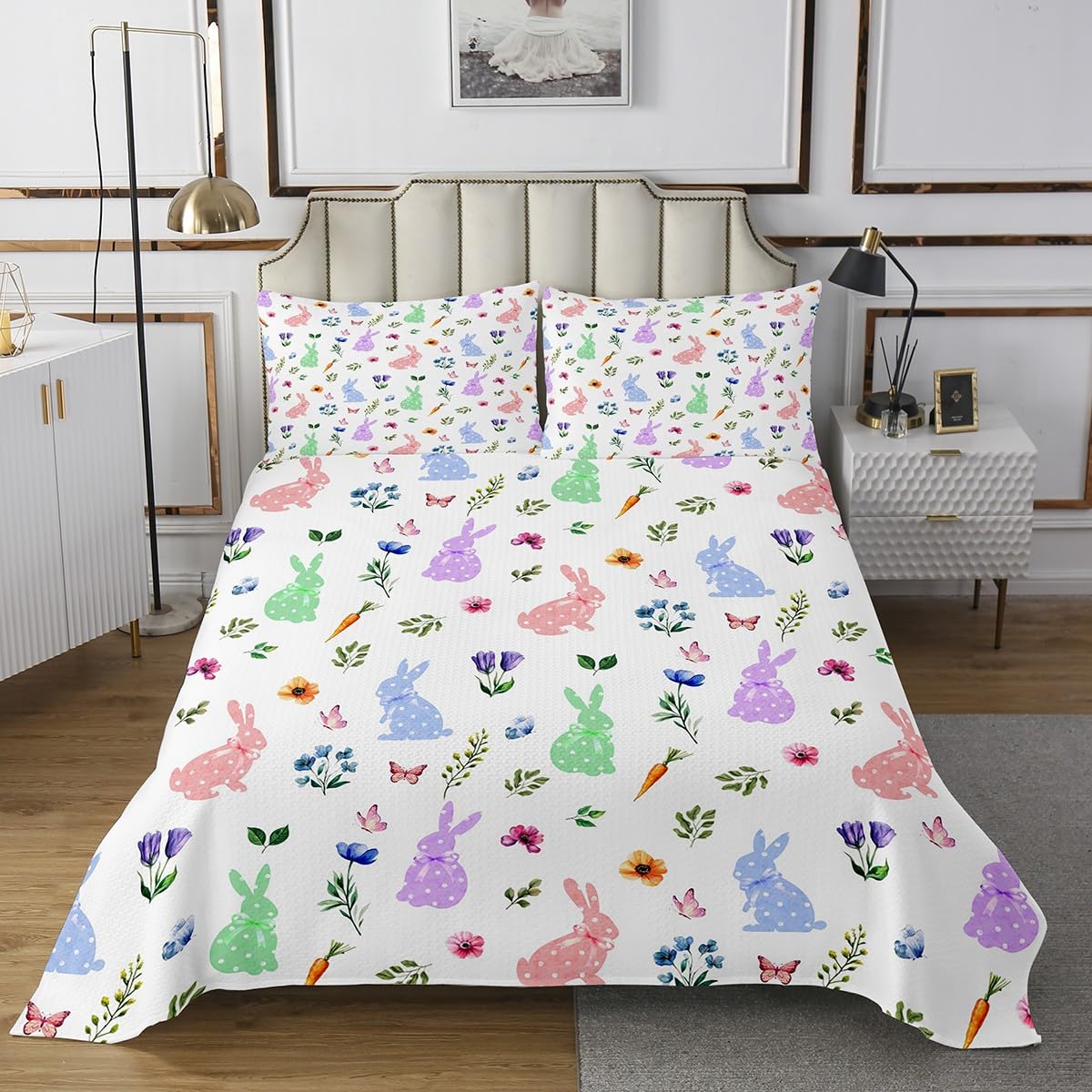 Colorful Rabbits Lightweight Quilt Set for Kids,Butterfly Flowers Bedspread Coverlet,Easter Bed Cover Country Style Bedding Set Decorative Quilted 2 Piece Coverlet Set with 1 Pillow Sham,Twin Size
