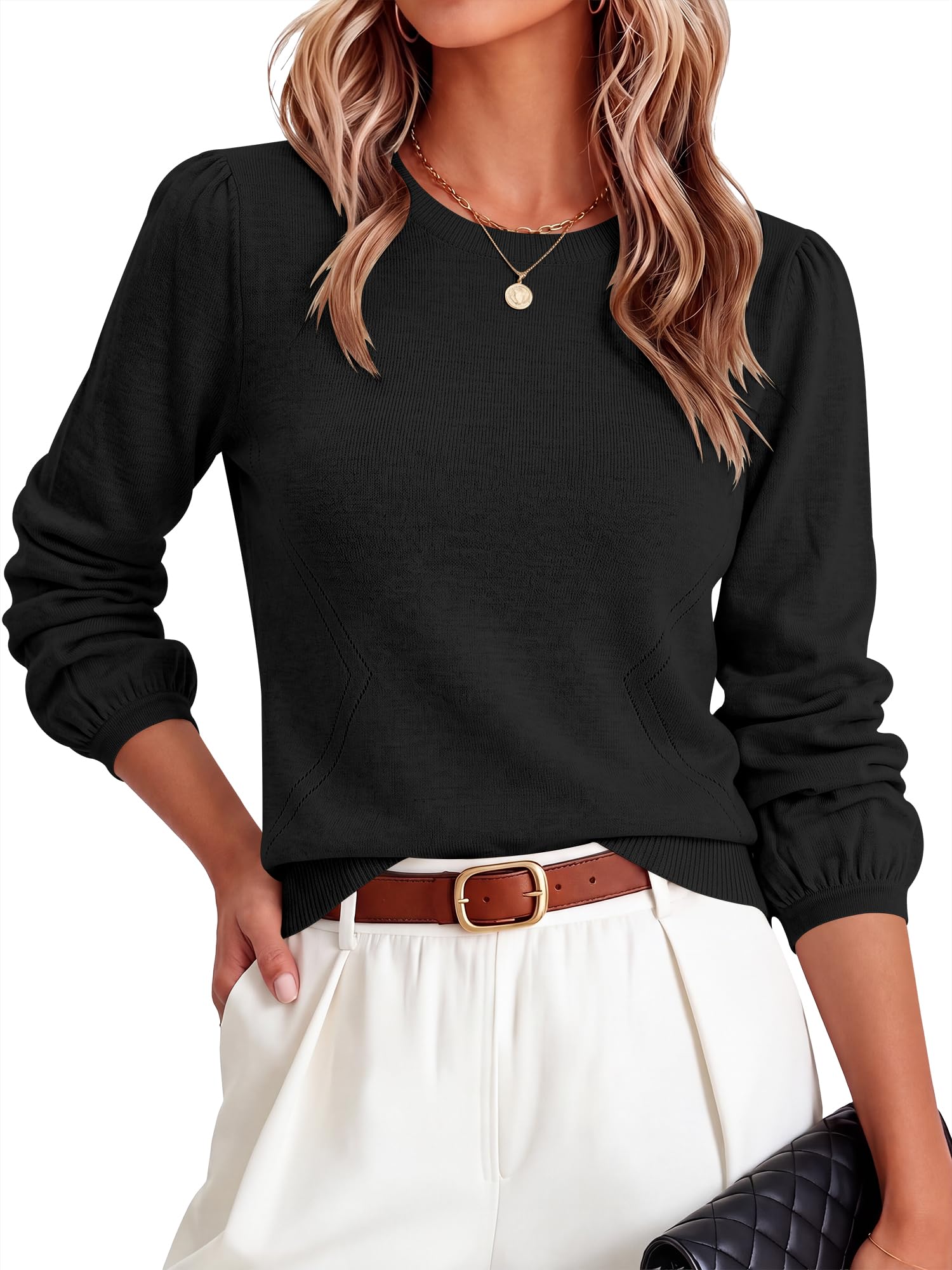 Caracilia Womens Lantern Long Sleeve Fall Lightweight Sweaters Black S