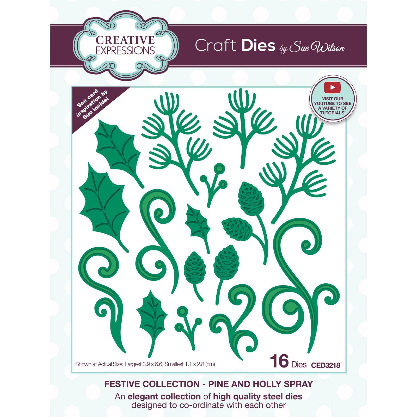 Creative Expressions Sue Wilson-Pine and Holly Spray-Craft Die, Metal, Largest 3.9 x 6.6 cm,CED3218
