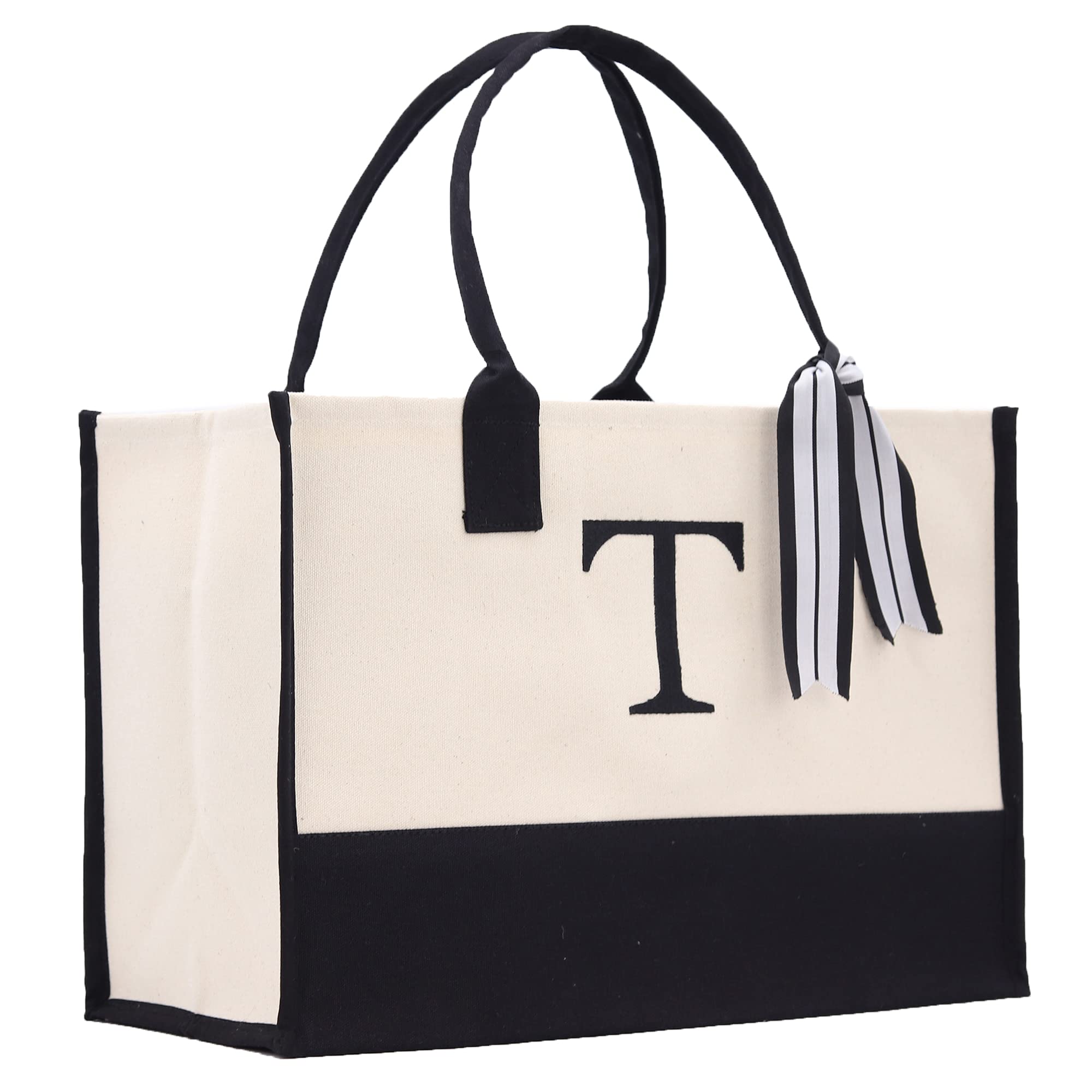 Personalized Gift Monogram Initial 100% Cotton Chic Tote Bag with Customize Option - Black