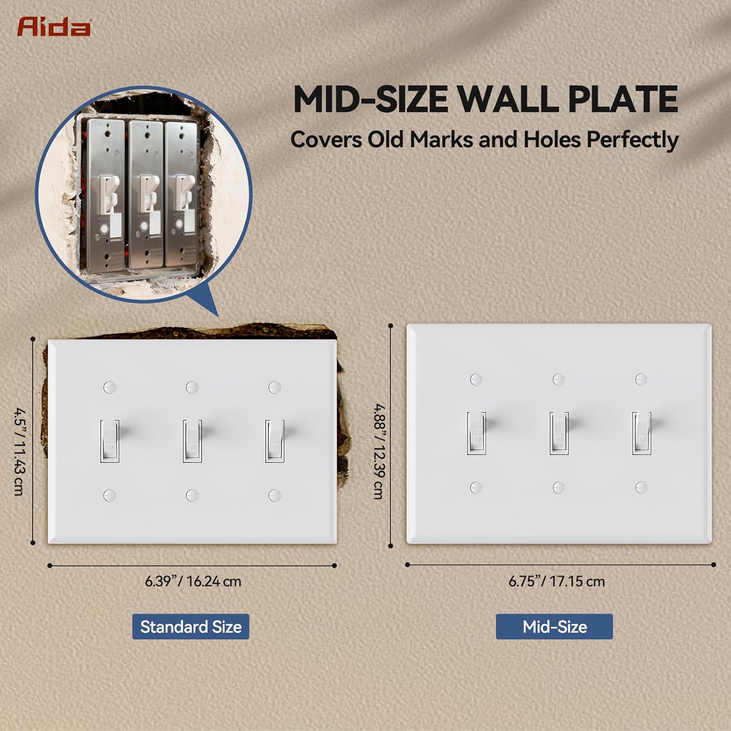 AIDA 3-Gang Midsize Toggle Light Switch Cover Plate, Glossy White, 1-Pack Unbreakable Thermoplastic Switch Covers Wall Plate, UL Listed, 4.53"H x 6.39"L