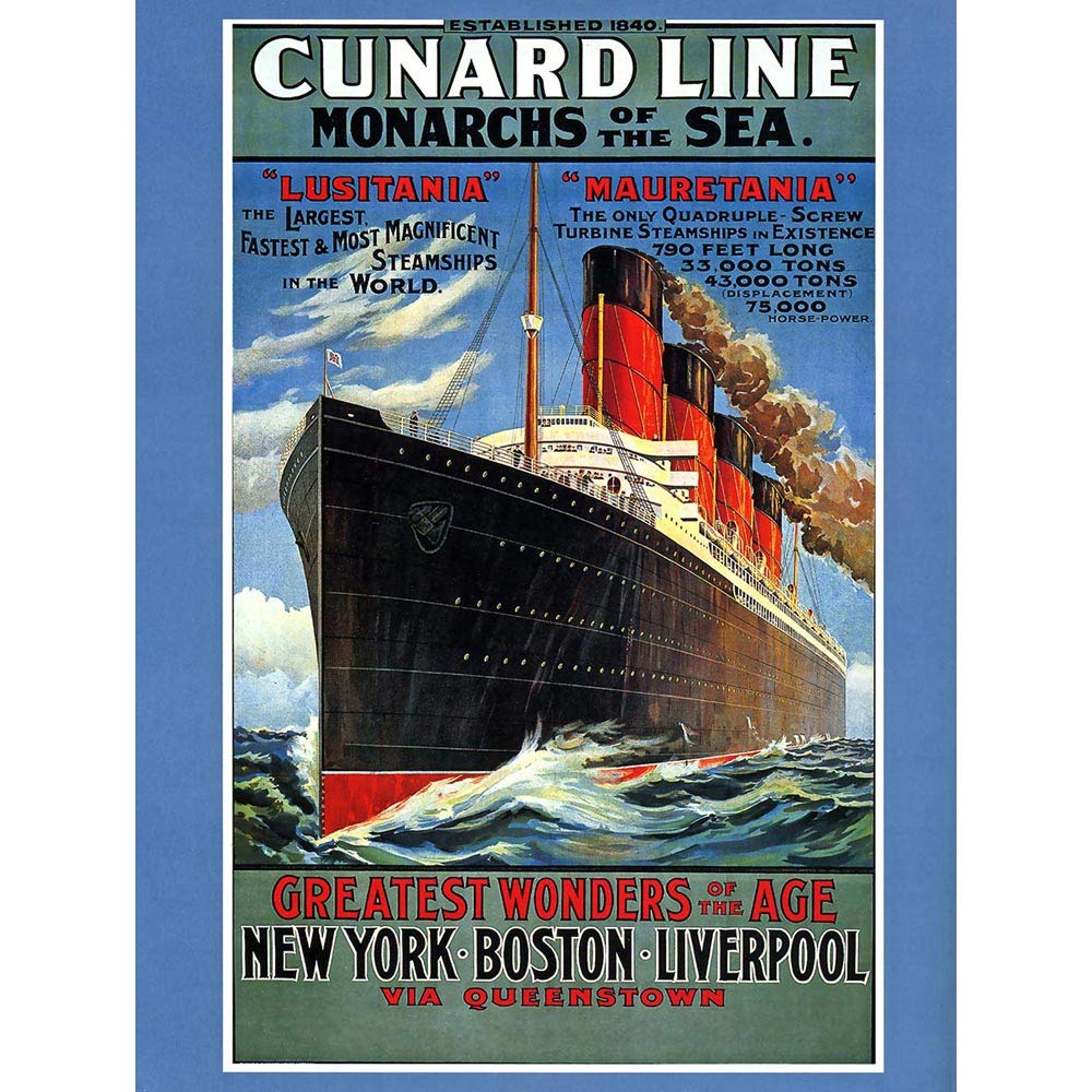 Wee Blue Coo Travel Transport Lusitania Mauretania Cruise Liner Ship Boat Art Print Poster Wall Decor 12X16 Inch