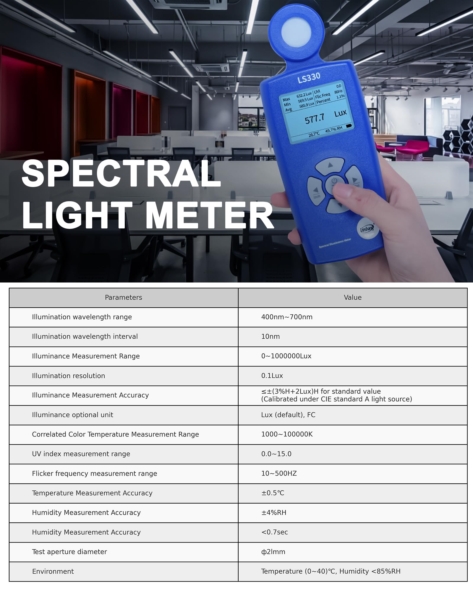 Lichtmessgerät Luxmeter, 0-1,000,000 Lux, CCT/CRI/UV/PPFD/μmol, Spektrales Beleuchtungsstärkemessgerät, Photometer, hohe Präzision, Farbtemperatur, Lumenmessgerät, PAR Meter LS330 für Pflanzen