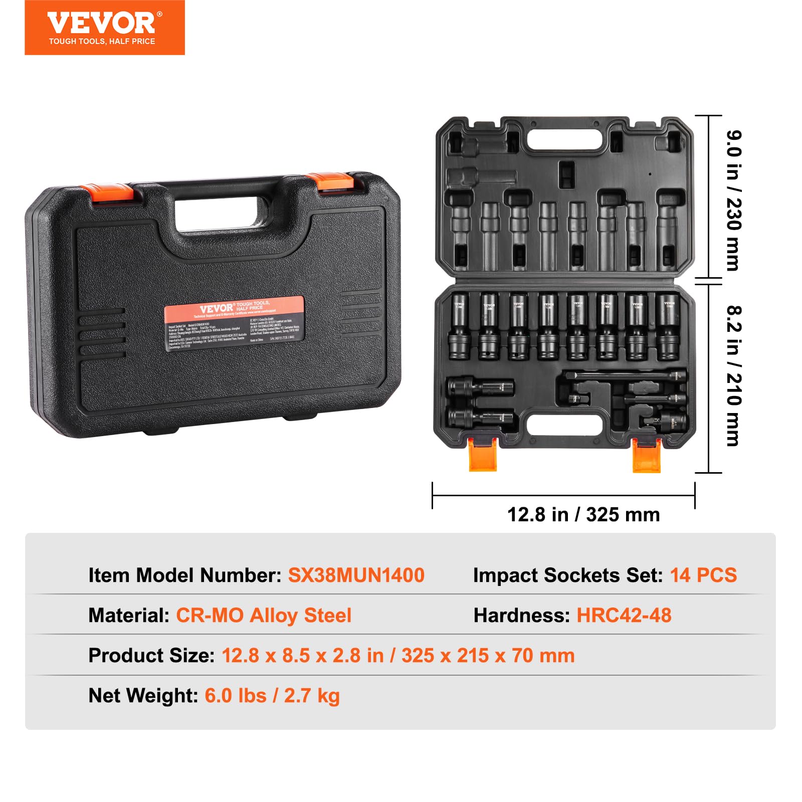 VEVOR Set di bussole girevoli a 360 gradi, set di chiavi a bussola da 3/8", 14 pezzi, metriche universali profonde da 10-19 mm, in lega di acciaio Cr-Mo a 6 punti per riparazione automatica, marcature
