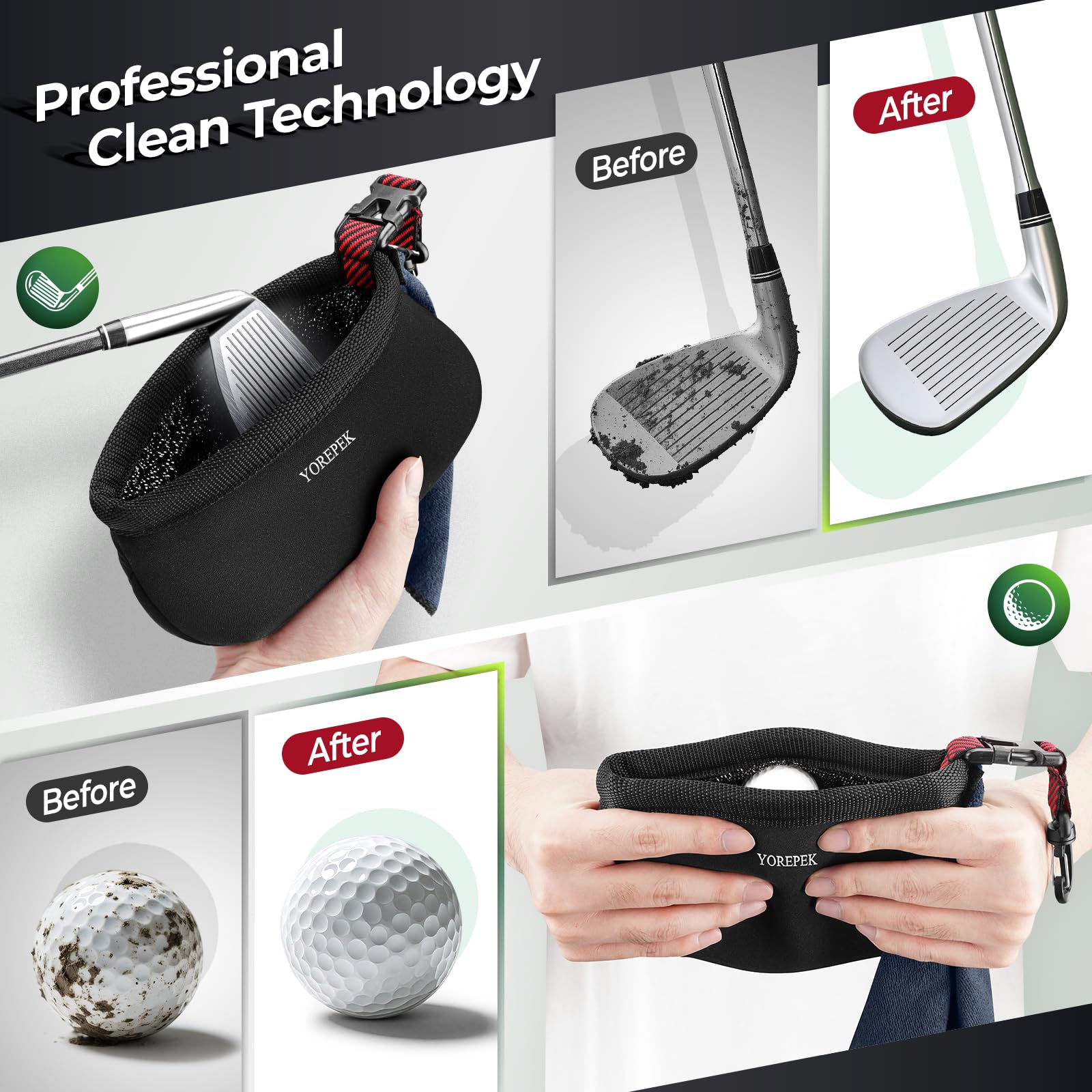 YOREPEK Golf Club Cleaner Bag with Towel, 360° Rotating Clip Golf Ball Washer, Club Washer with Zipper Pocket, Golf Bag Accessories for Men, Golf Gifts, Black