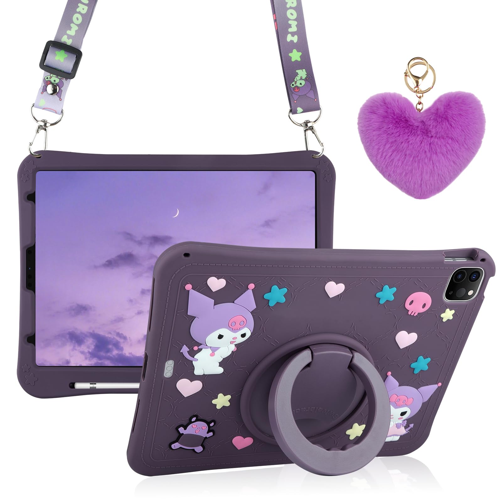 WESADN for iPad Air 5th Generation Case for iPad Pro 11 Inch Case 4th/3rd/2nd/1st with Kickstand Pencil Holder Lanyard Keychain for Girls Kids Cute Tablet Cover for iPad Air 5 4 10.9'' Dark Purple