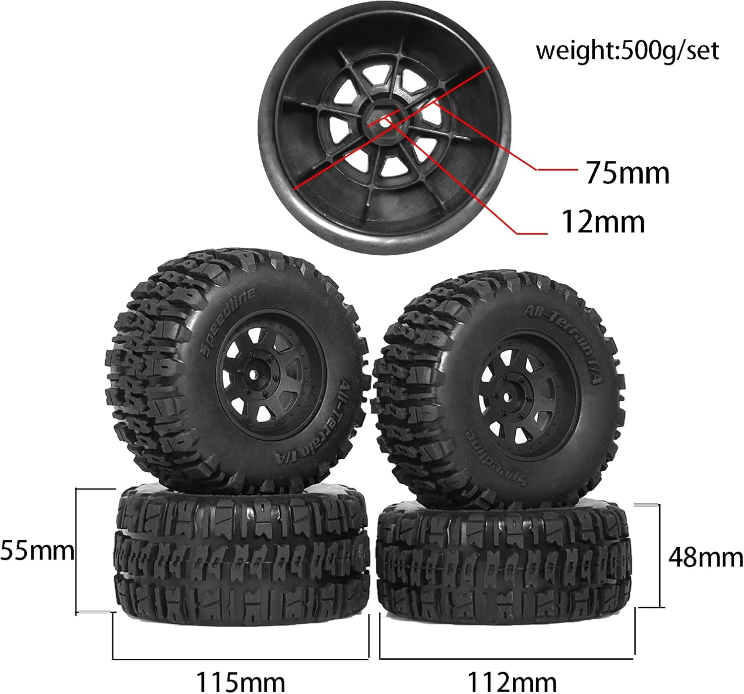 1/10 RC Short Course Truck Tires and Plastic Wheels 12mm Hex Off Road Front and Rear Tyres OD 115mm for 1:10 Scale Buggy Truck Car TRAXXAS Slash4X4 HuanQi 727 ARRMA SENTON 3S Losi 4PCS