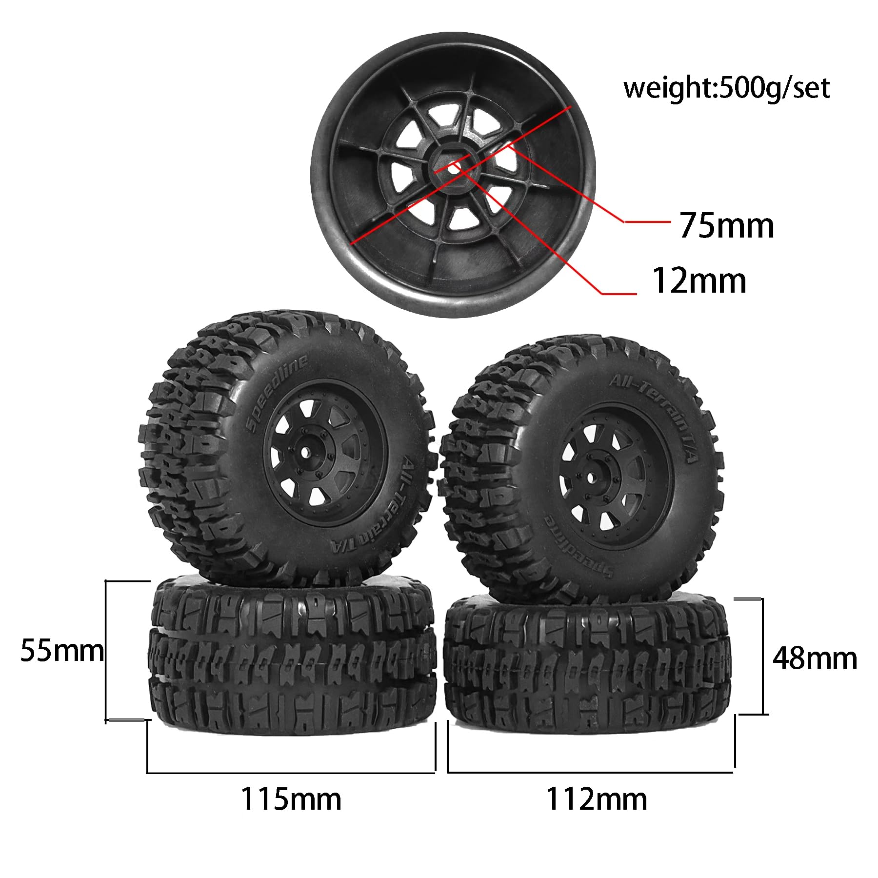 Chanjorlin 1/10 RC Short Course Truck Tires and Plastic Wheels 12mm Hex Off Road Front and Rear Tyres OD 115mm for 1:10 Scale Buggy Truck Car TRAXXAS Slash4X4 HuanQi 727 ARRMA SENTON 3S Losi 4PCS