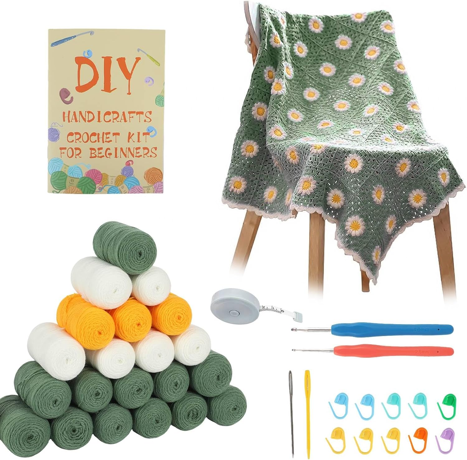 Crystalberry Green Daisy Crochet Blanket Kit for Beginners 40in × 40in Granny Square Pattern Crochet Yarn Accessories Complete Crochet Starter Kit for Adults