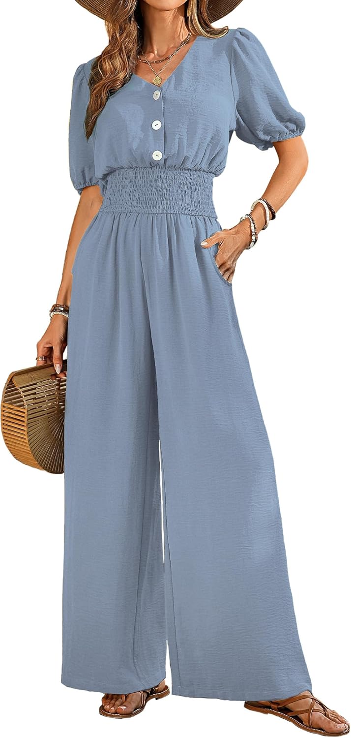 LOOKBOHO Womens Jumpsuits Short Sleeve V Neck Dressy Casual Wide Leg Pants Romper 2026 Summer One Piece Outfits