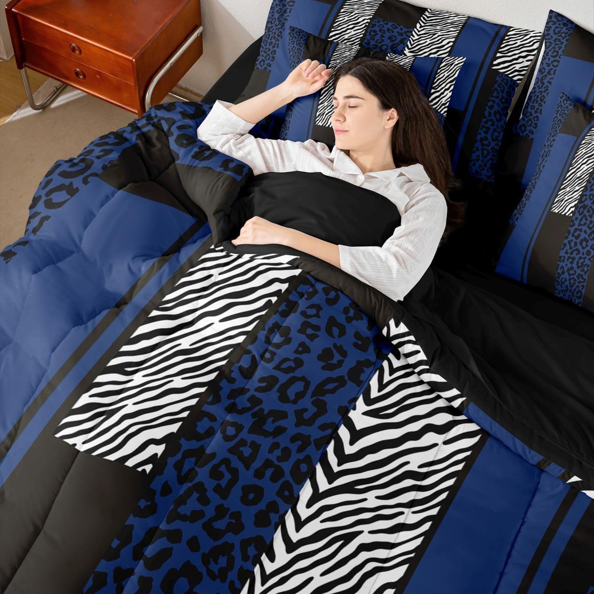 Erosebridal Leopard Print Stripes Blue Black Comforter Set Queen Size 7 Pieces | Geometric Bed in A Bag Zebra Cheetah Wild Animal Skin Bed Set Women Men Adults Bedding