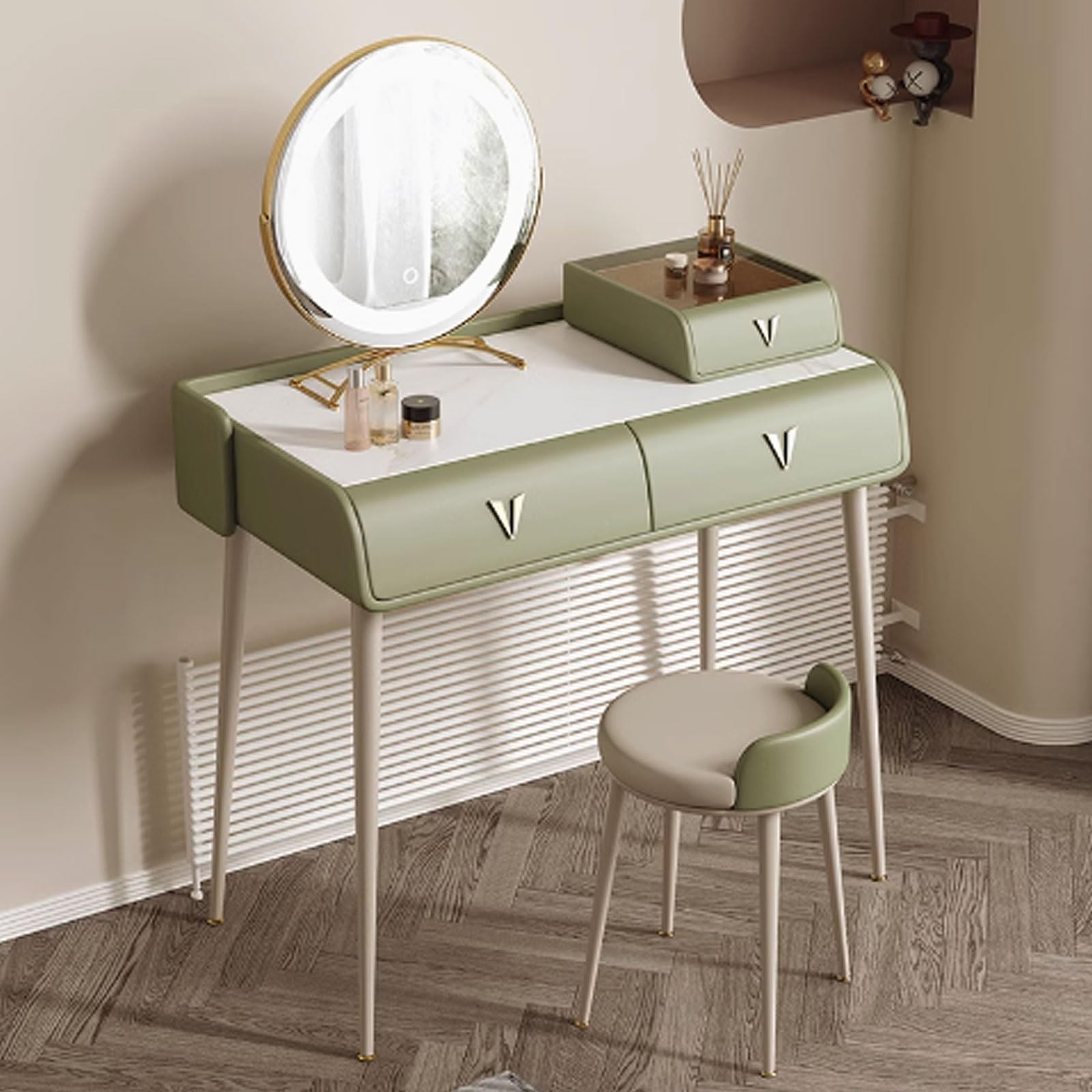 asdchZen 3-Color Led Vanity Makeup Table With Wooden Desk Illuminated Dressing Light Stylish Green Design For Bedroom Functional And Sleek Perfect For Beauty Routine