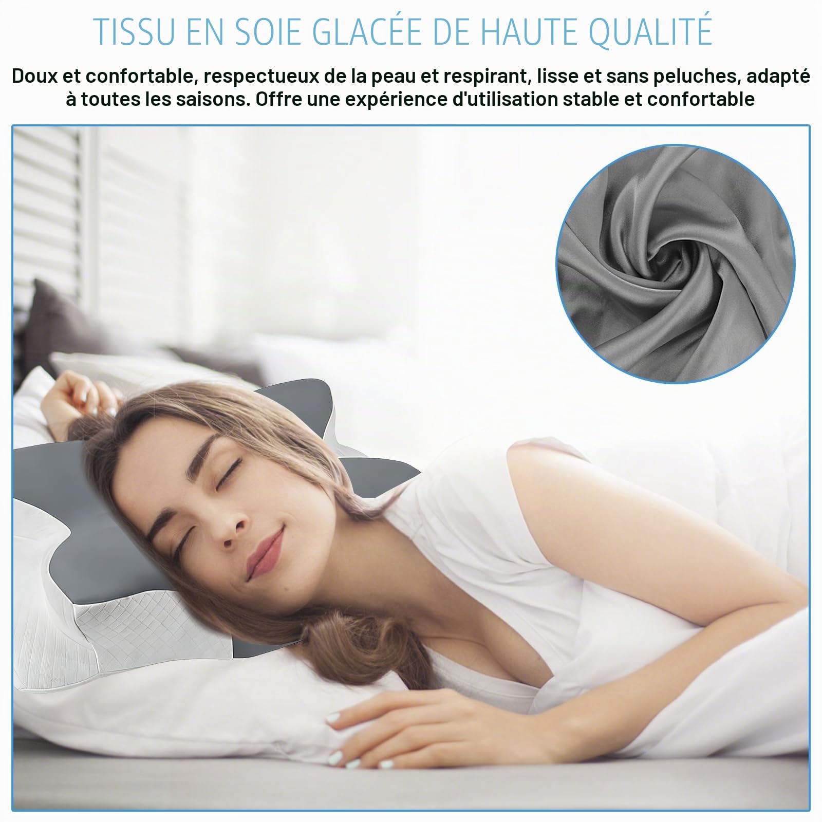 Taies Oreiller en Satin pour Oreillers à Mémoire de Forme Housse d'oreiller avec Fermeture Eclair Taie d'oreiller Cervicale pour Oreiller Crvical JK79 de 63 x 38 x 14 CM (Gris Blanc)