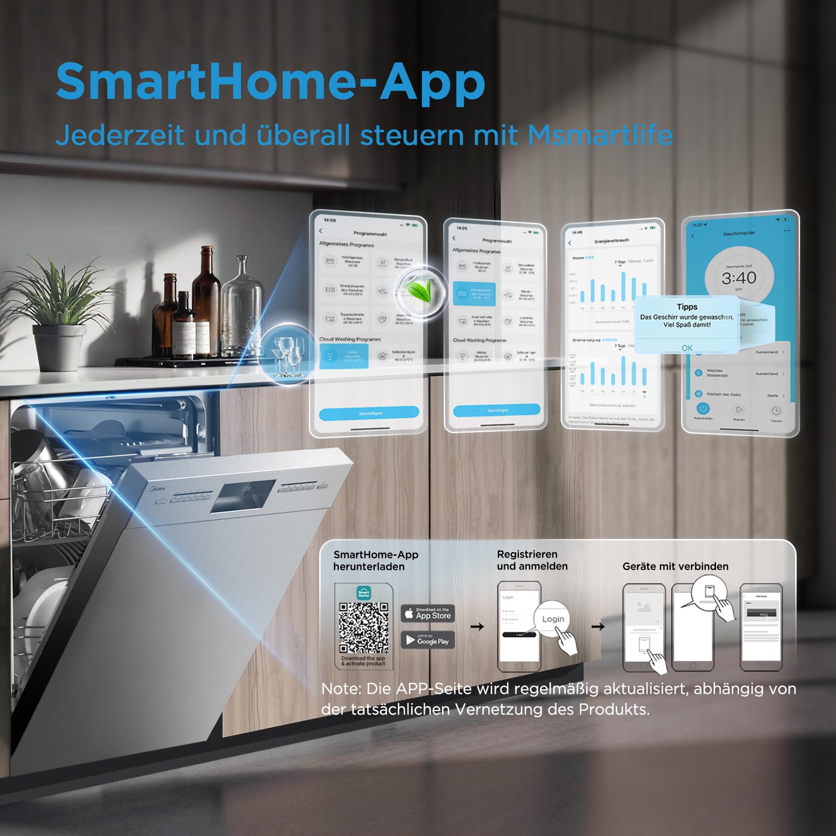 Midea Geschirrspüler Unterbau 60 cm 14 MGD Home Connect Hygienepflege+ Extra Trocknung Silber