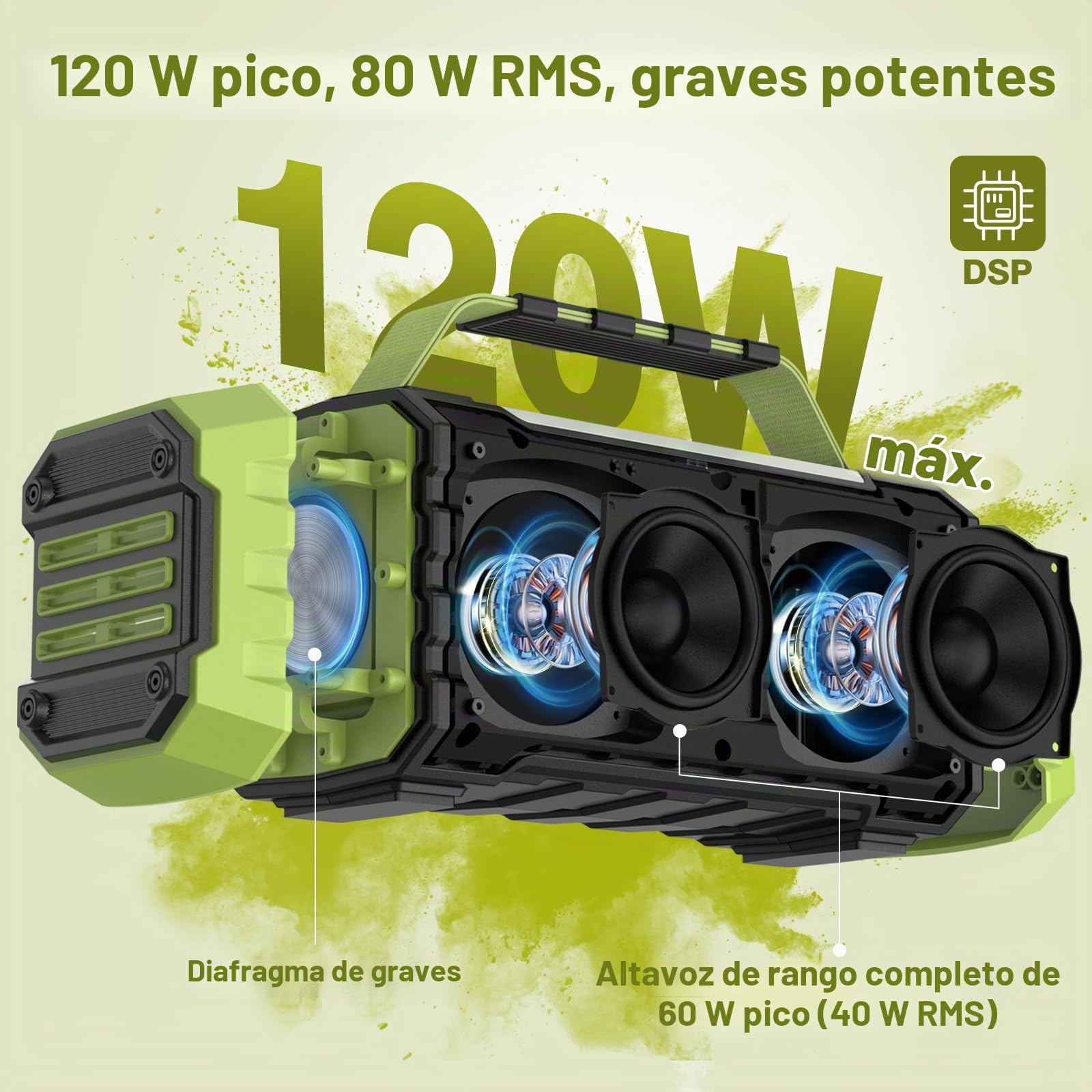 Altavoz Bluetooth portátil de 120 W con pico de 80 W, emparejamiento TWS, graves profundos, altavoz de alta fidelidad, resistente al agua IPX6, Boombox de sonido DSP para exteriores, camping (Verde)