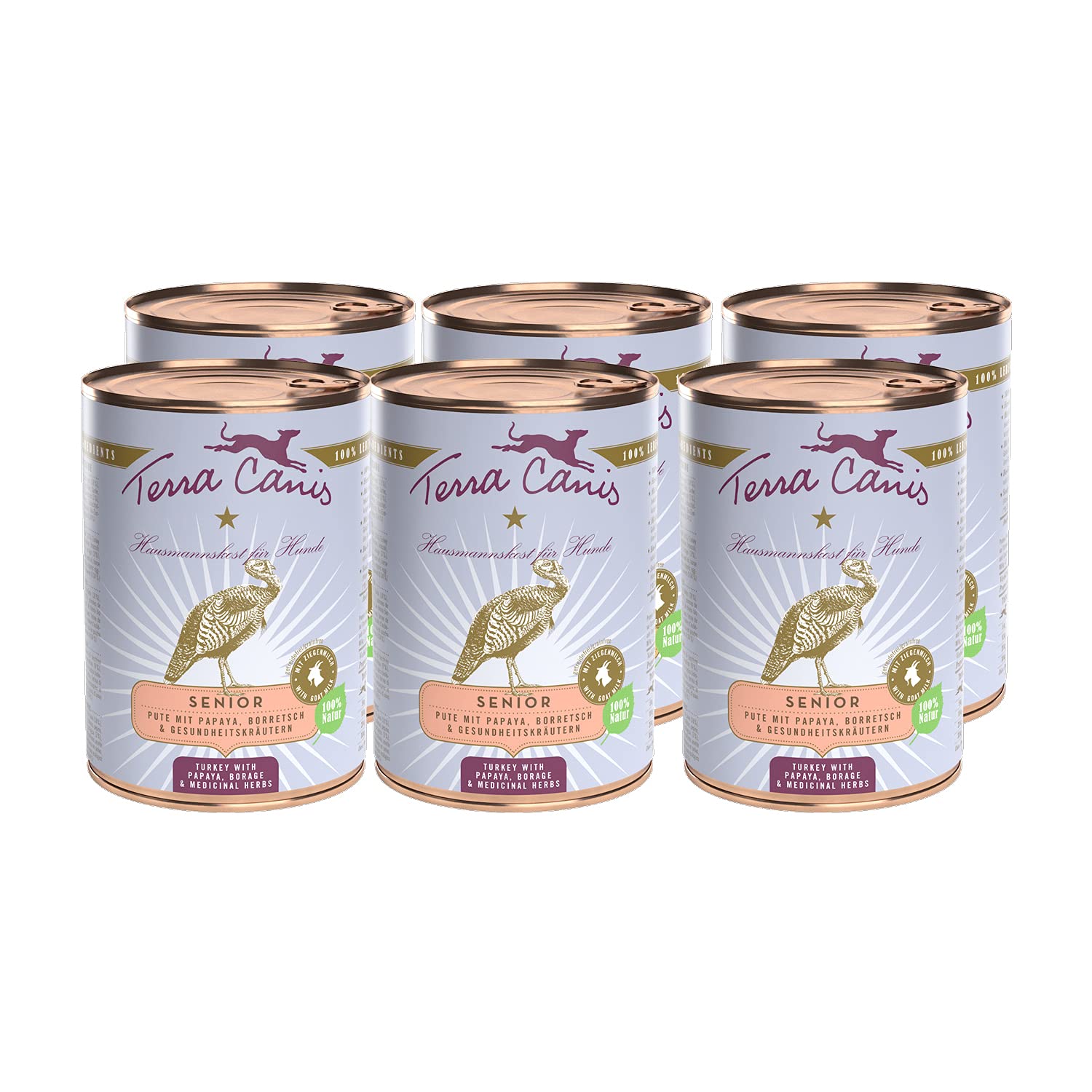 Terra Canis Pavo con Papaya y borraja, Comida Senior para Perros, 6x400g | 100% calidad alimentaria de todas las materias primas, con hierbas medicinales, receta senior, baja en alérgenos y cereales