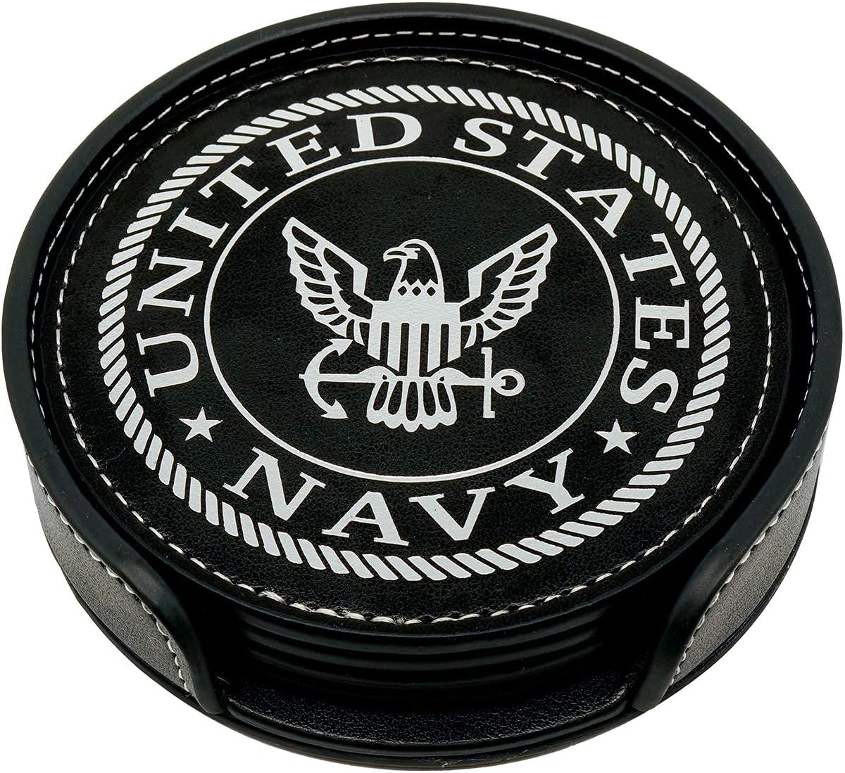 US Navy Leather Coaster Set - 4 Premium Coasters with Hot Stamped Foil Logo - Disabled Vet Owned Business-Navy Leather Coasters