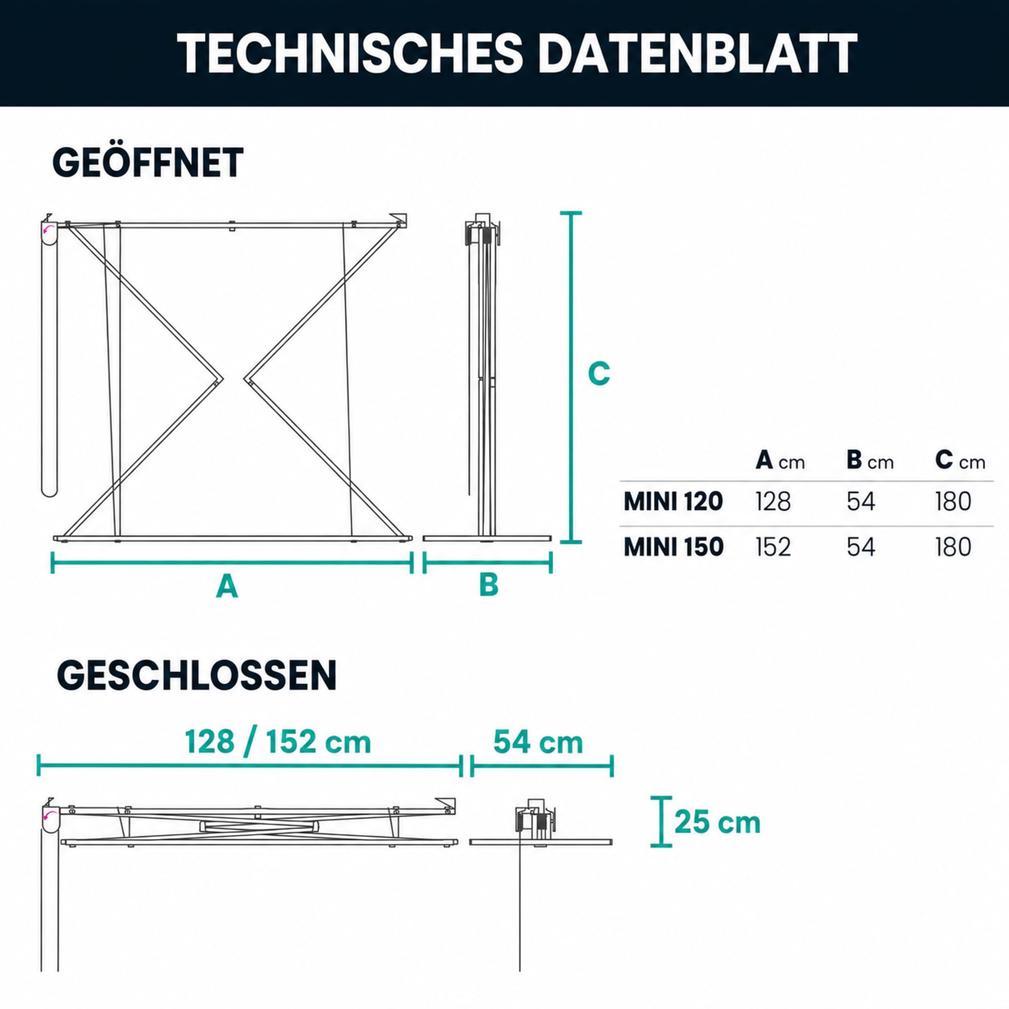 Foxydry Mini, klappbarer wäscheständer, deckenmontage, 128 cm | aus aluminium und edelstahl, platzsparend, für innen- und außenbereich, rostfrei, vertikales liftsystem, trägt 10 kg, grau