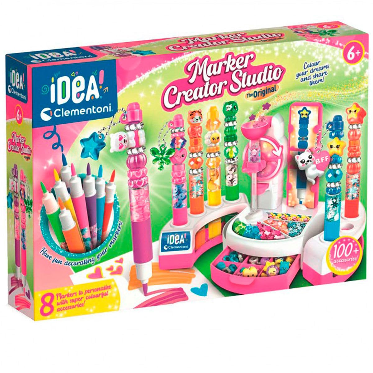 Clementoni | Marker Creator Studio pour Enfants 6 Ans+ | 8 Feutres à Fabriquer & Personnaliser | Perles Brillants & Personnages Inclus | Activité Créative sans écran | Idée Cadeau