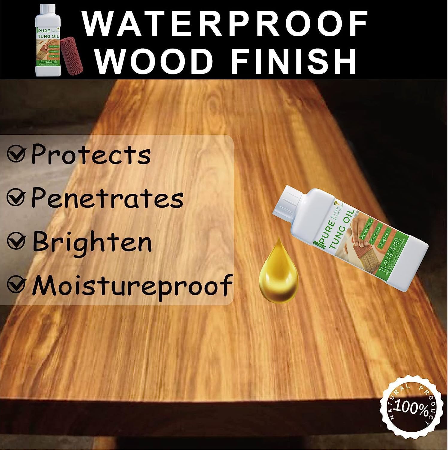 Godora 2pcs 16OZ Waterproof Tung Oil for Wood Finishing with Towel, 100% Natural Pure Tung Oil with Good Penetration for Indoor and Outdoor, for Bare Wood Such as Wood Furniture, Wood Floor