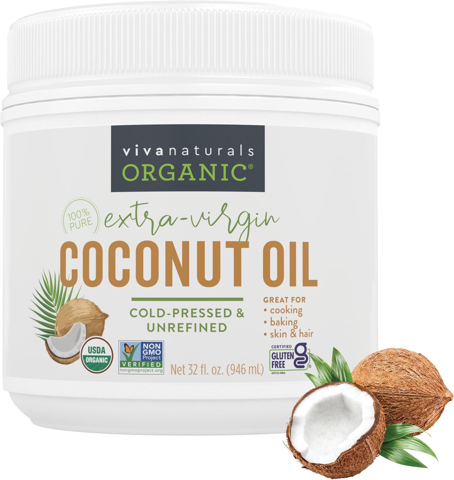Viva Naturals Organic Virgin Coconut Oil with MCTs, 32 fl oz – Cold-Pressed, Unrefined & Keto Coconut Oil for Cooking, Baking, Hair & Skin Care