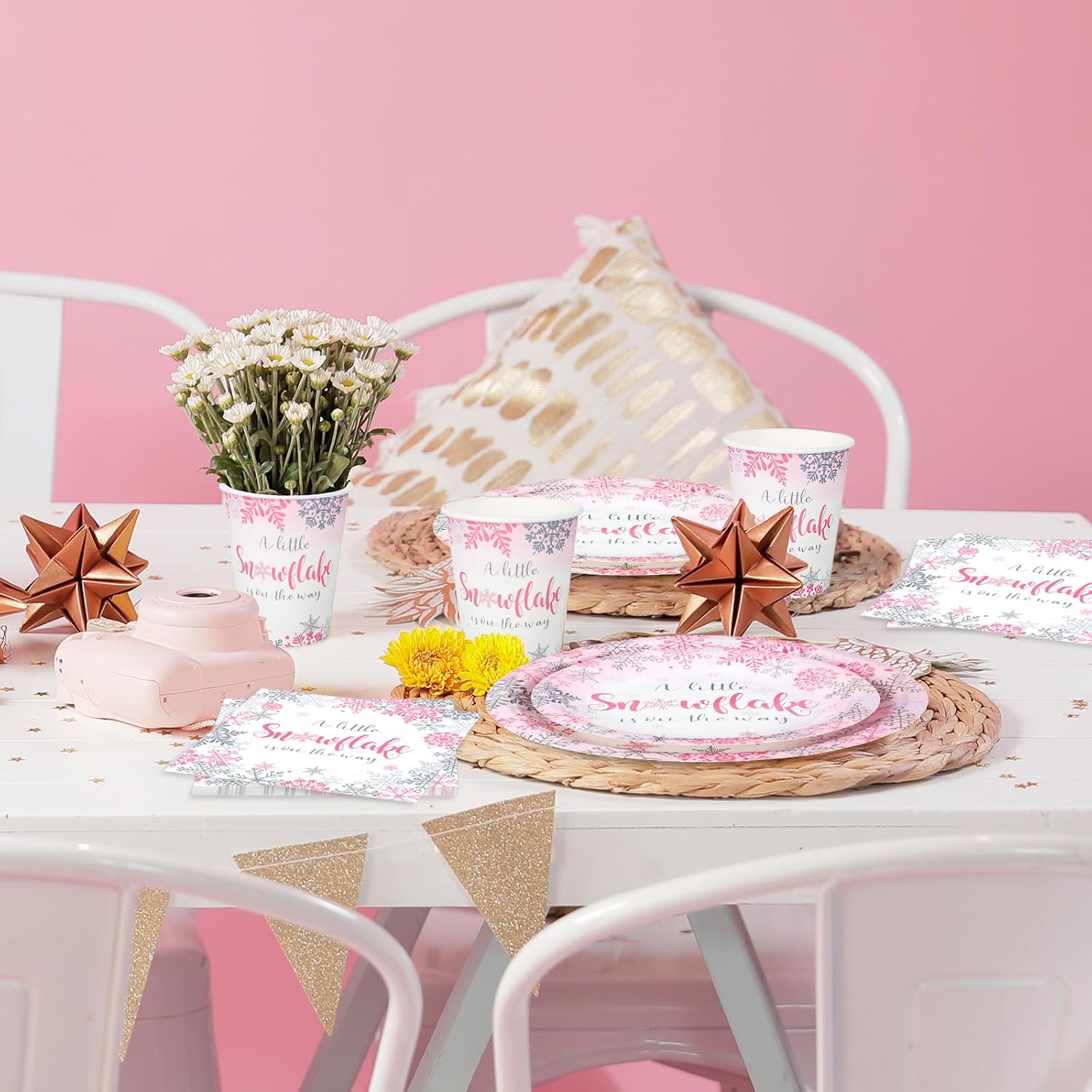 100Pcs Winter Snowflake Party Supplies Paper Plates and Napkins with Cups Set of 25 Pink Baby Shower Wonderland Party Dinner Tableware Set for Birthday Xmas Winter Holiday Table Decor