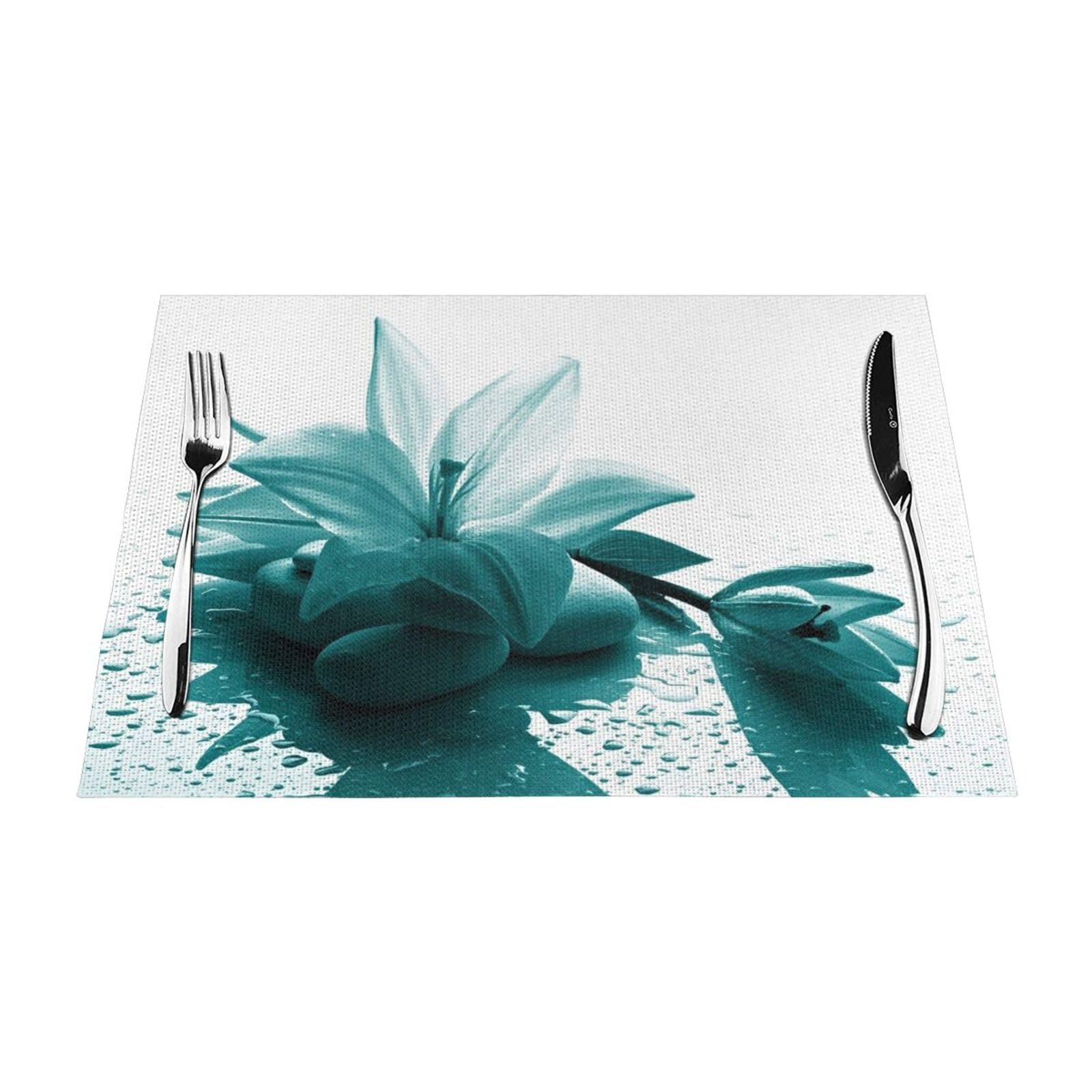PVC Placemat Set of 4 PCS, 45x30 CM, Teal Lily Printed Non-Slip Heat Resistant Place Mats for Kitchen Dining Table Indoor Outdoor